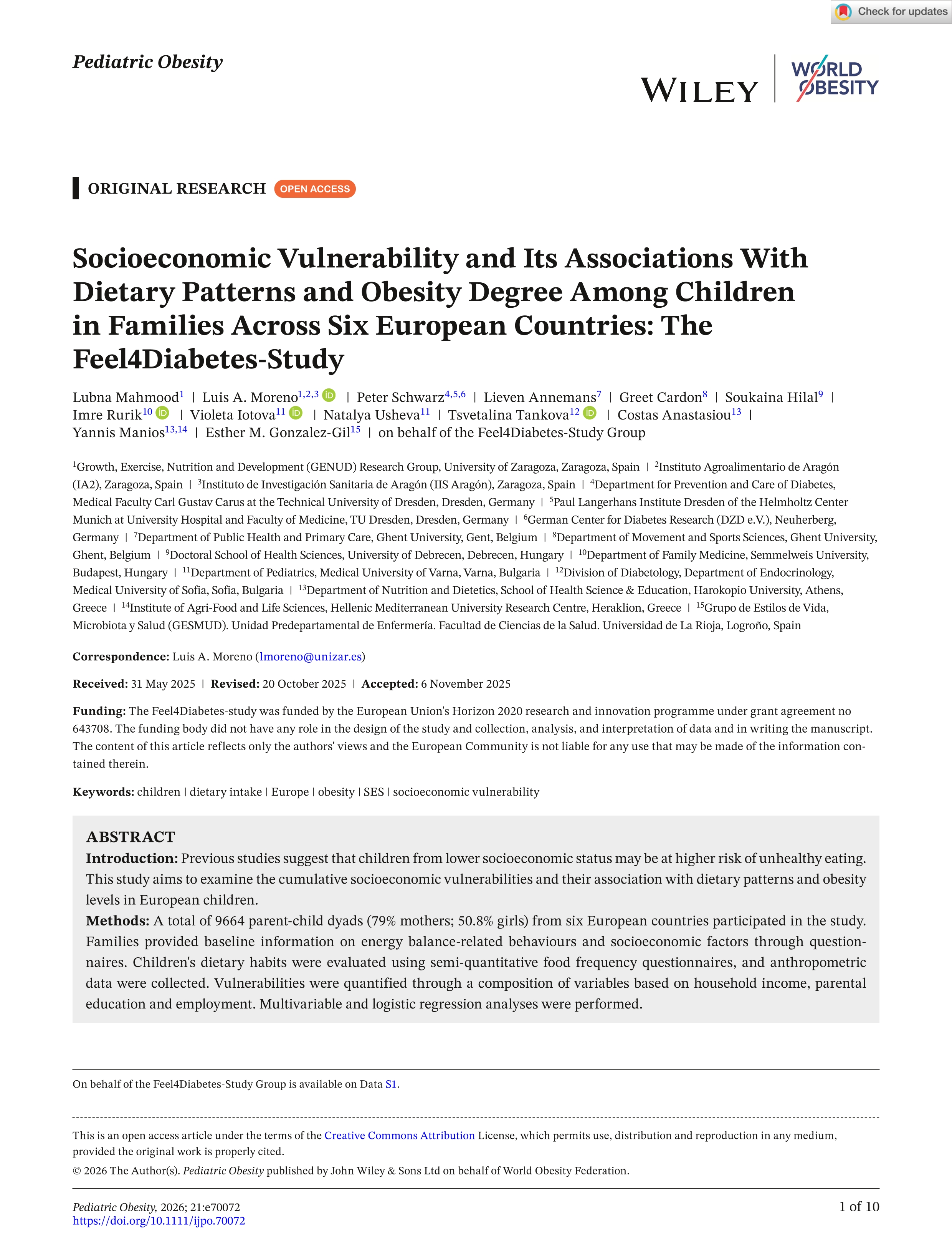 Socioeconomic vulnerability and its associations with dietary patterns and obesity degree among children in families across six european countries: the                    <scp>feel4diabetes</scp>                    ‐study