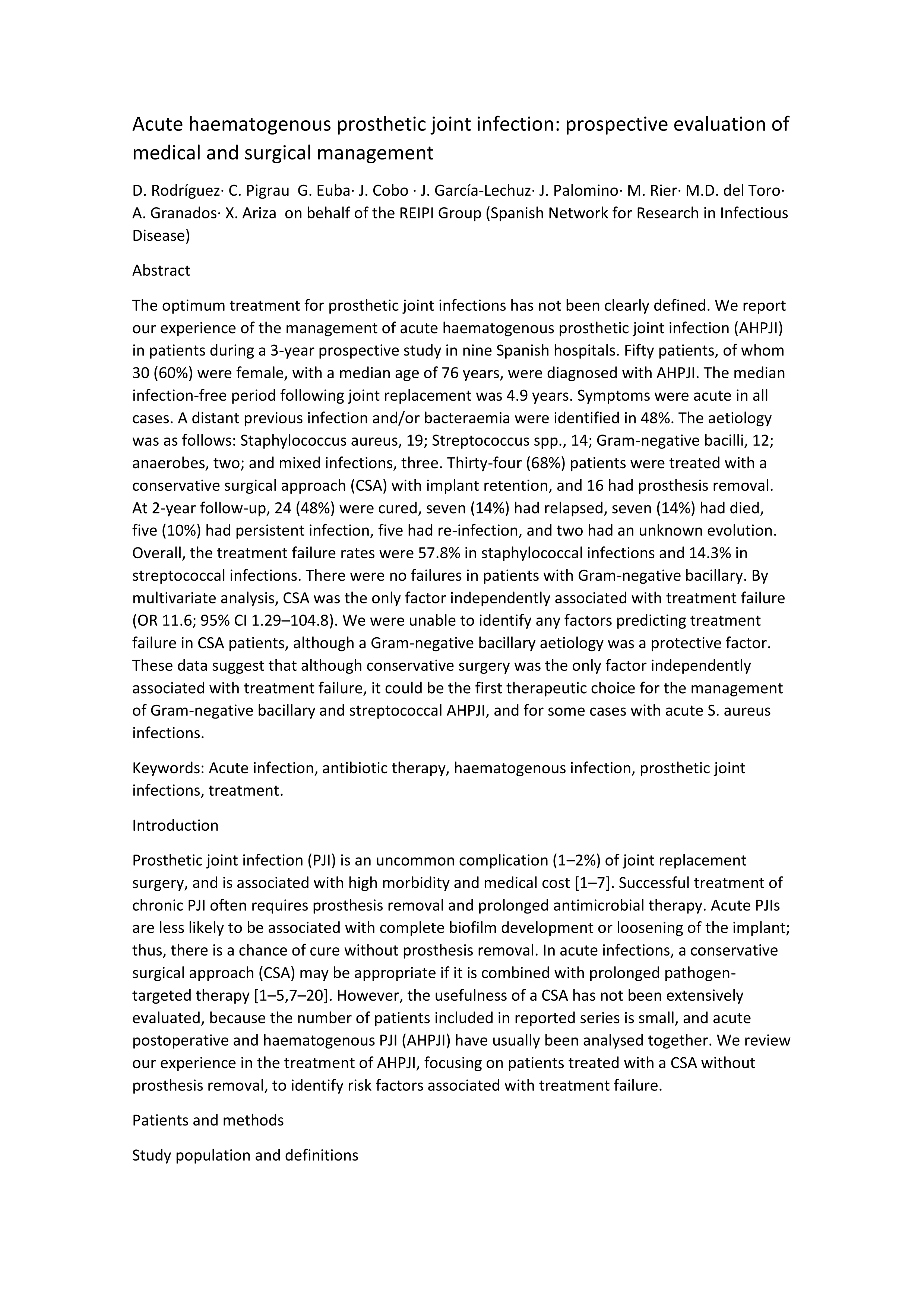 Acute haematogenous prosthetic joint infection: prospective evaluation of medical and surgical management