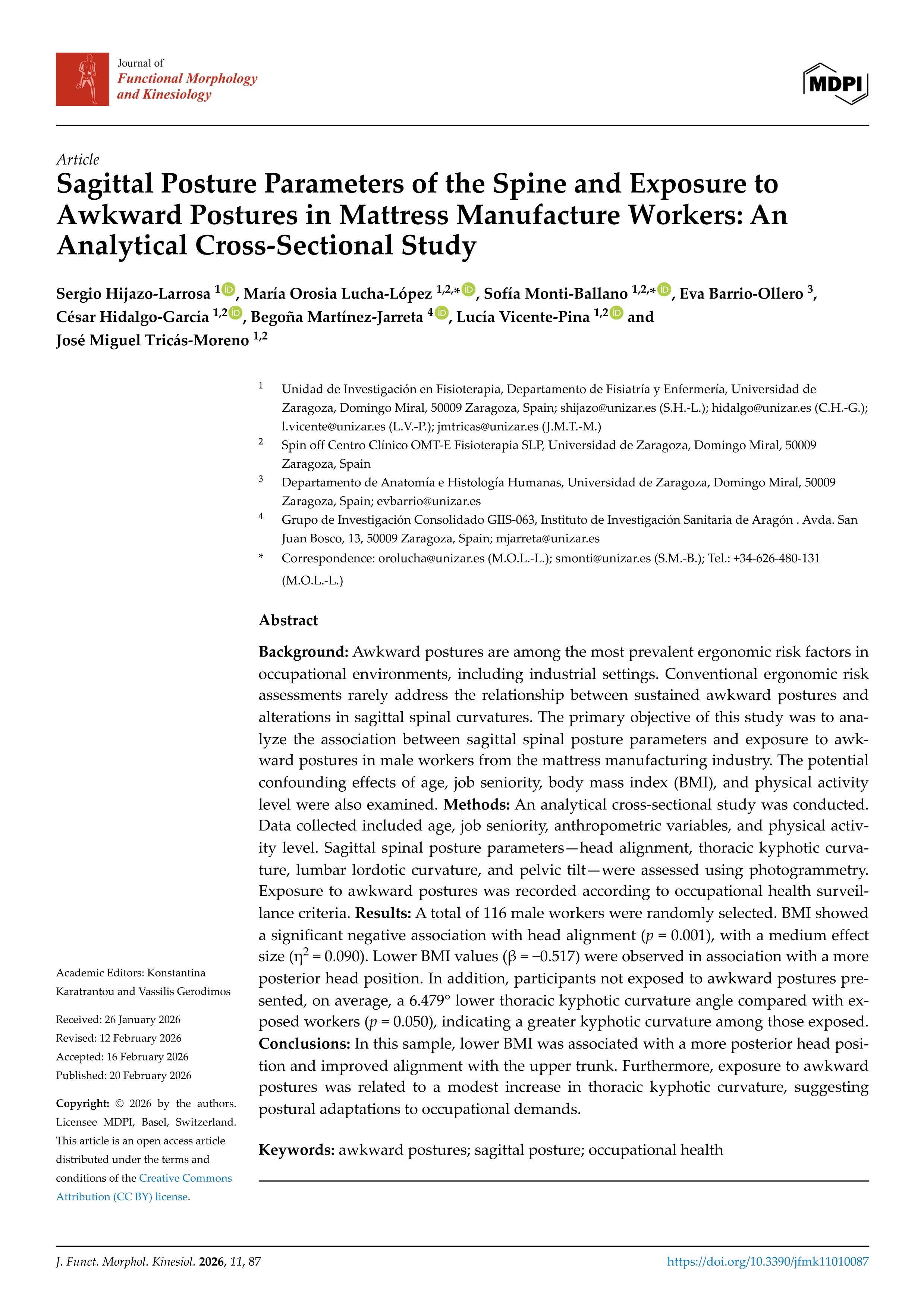 Sagittal Posture Parameters of the Spine and Exposure to Awkward Postures in Mattress Manufacture Workers: An Analytical Cross-Sectional Study