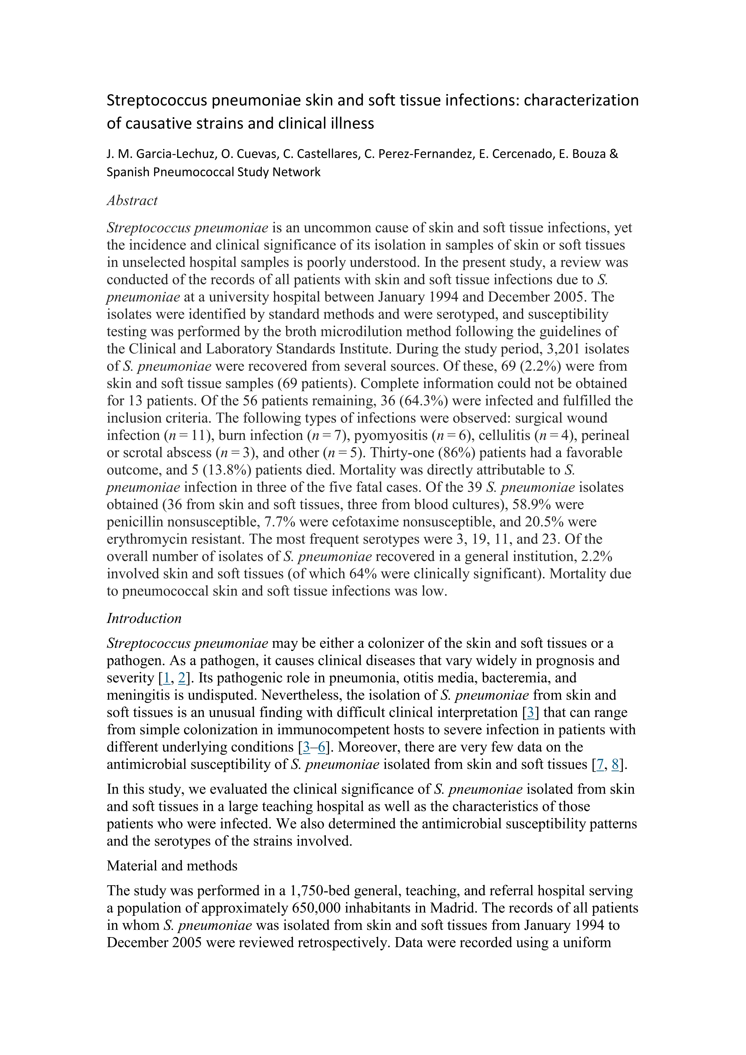 Streptococcus pneumoniae skin and soft tissue infections: characterization of causative strains and clinical illness