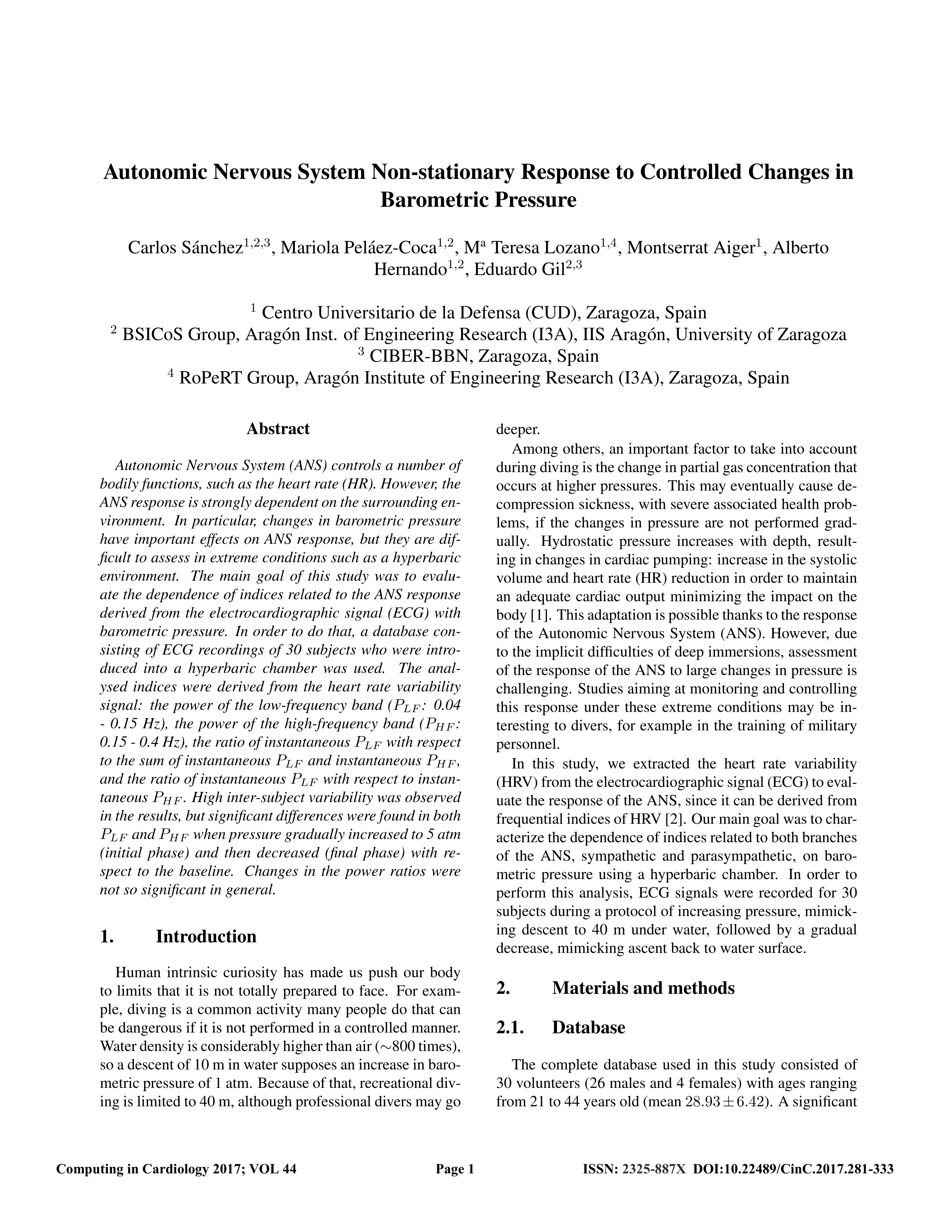 Autonomic Nervous System Non-stationary Response to Hyperbaric Environments
