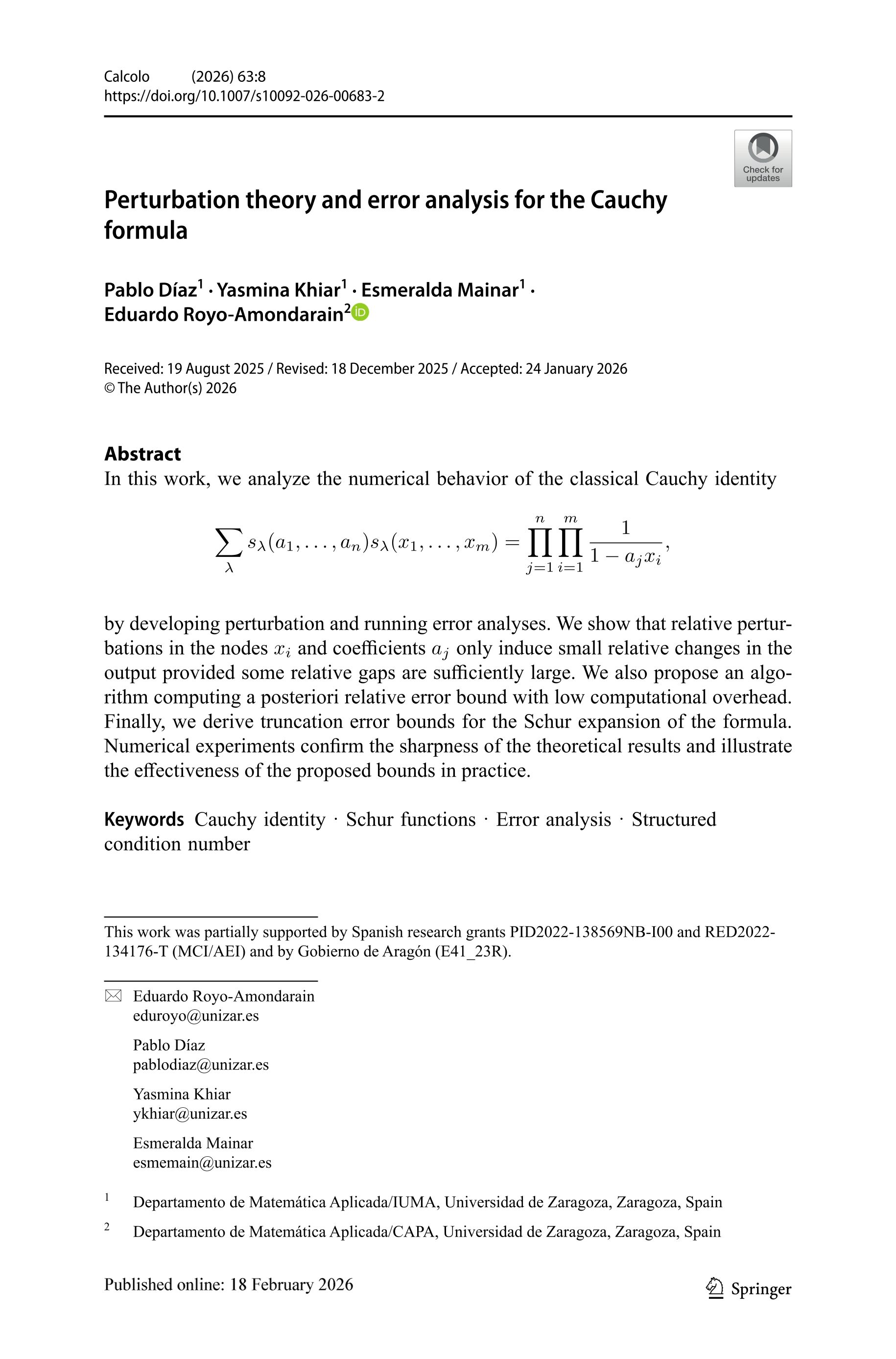 Perturbation theory and error analysis for the Cauchy formula