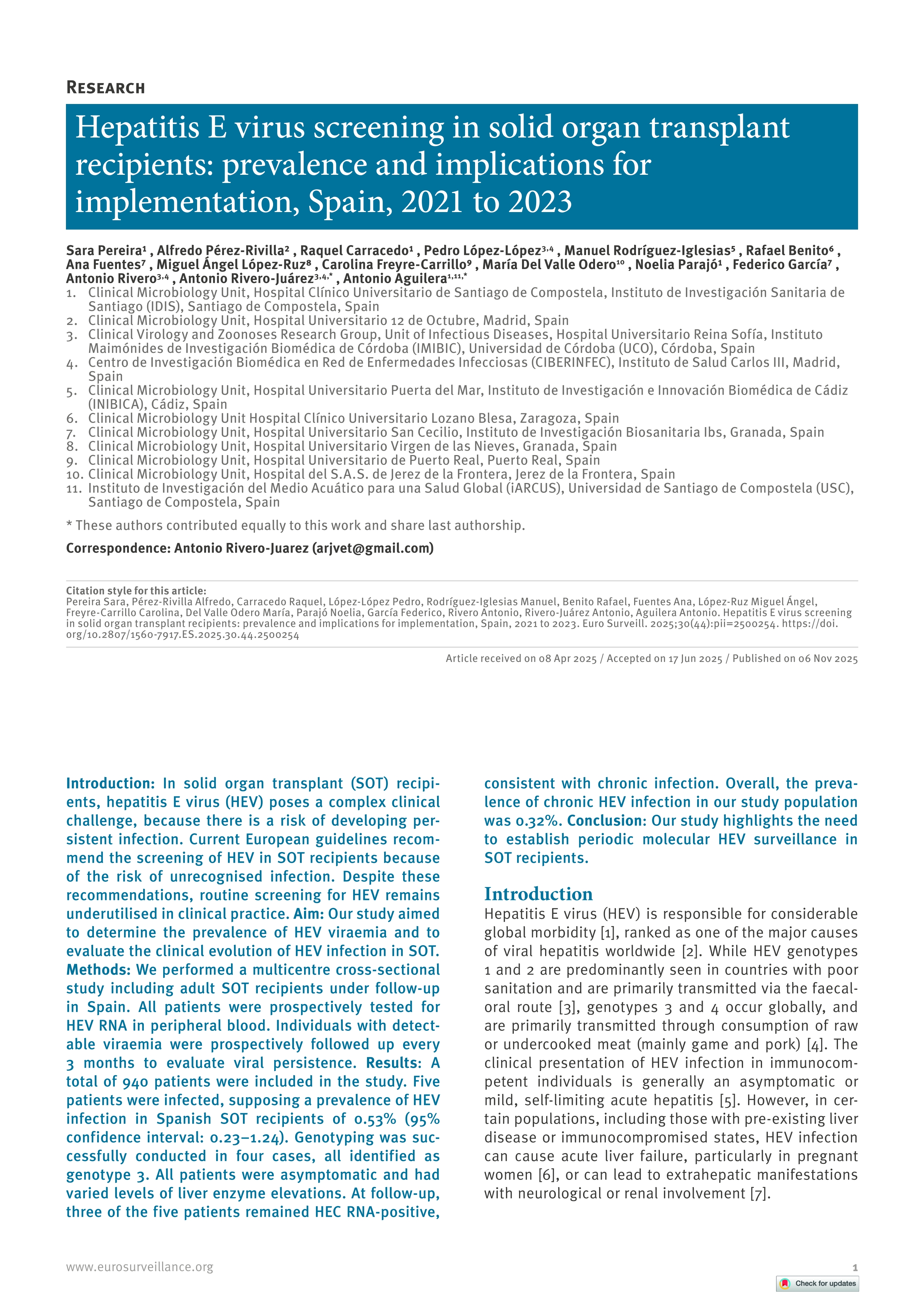 Hepatitis E virus screening in solid organ transplant recipients: prevalence and implications for implementation, Spain, 2021 to 2023
