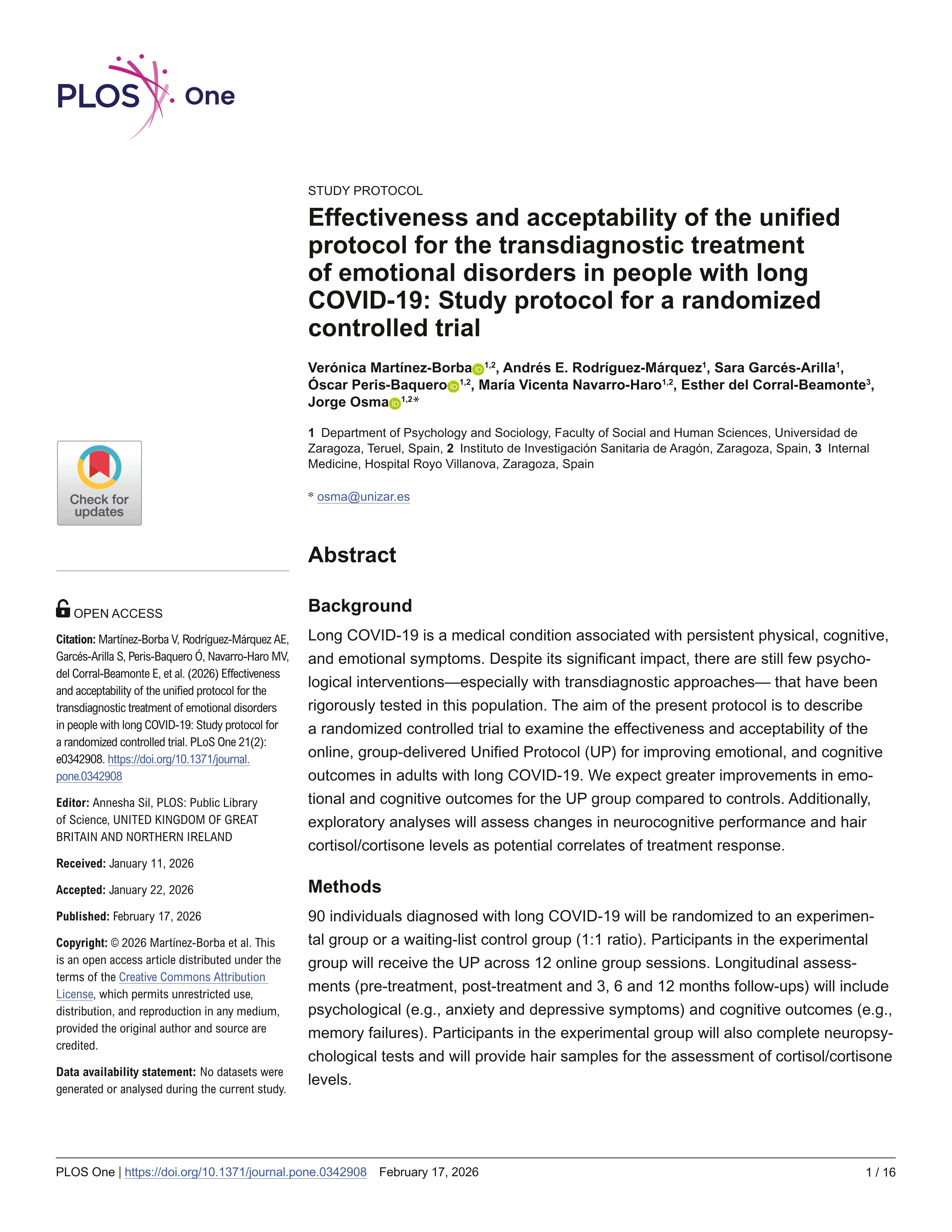 Effectiveness and acceptability of the unified protocol for the transdiagnostic treatment of emotional disorders in people with long COVID-19: Study protocol for a randomized controlled trial