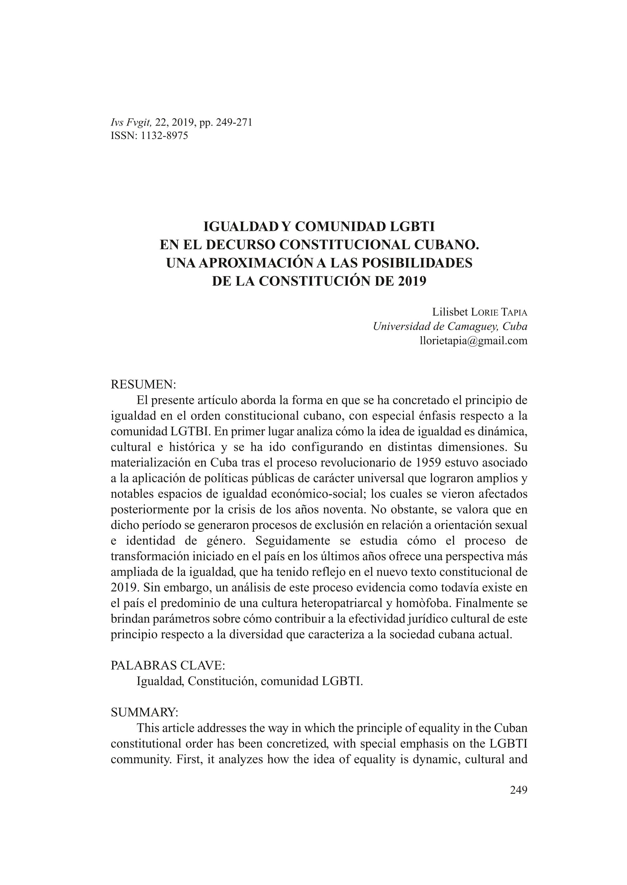 Igualdad y comunidad LGBTI en el decurso constitucional cubano. Una aproximación a las posibilidades de la Constitución cubana de 2019