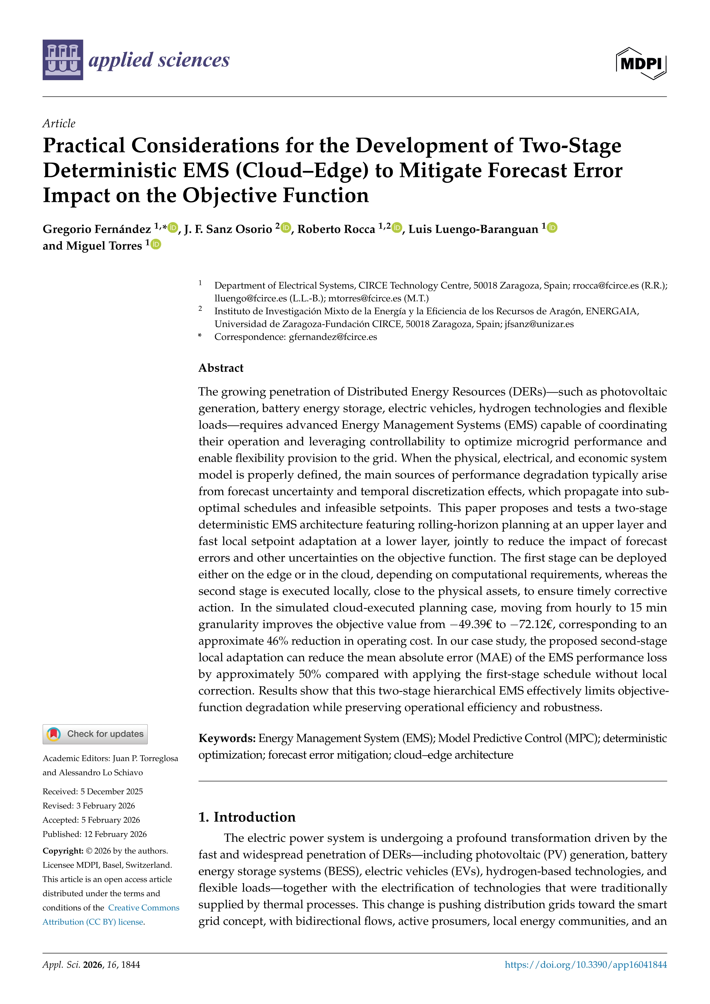 Practical considerations for the development of two-stage deterministic EMS (CLOUD–EDGE) to mitigate forecast error impact on the objective function