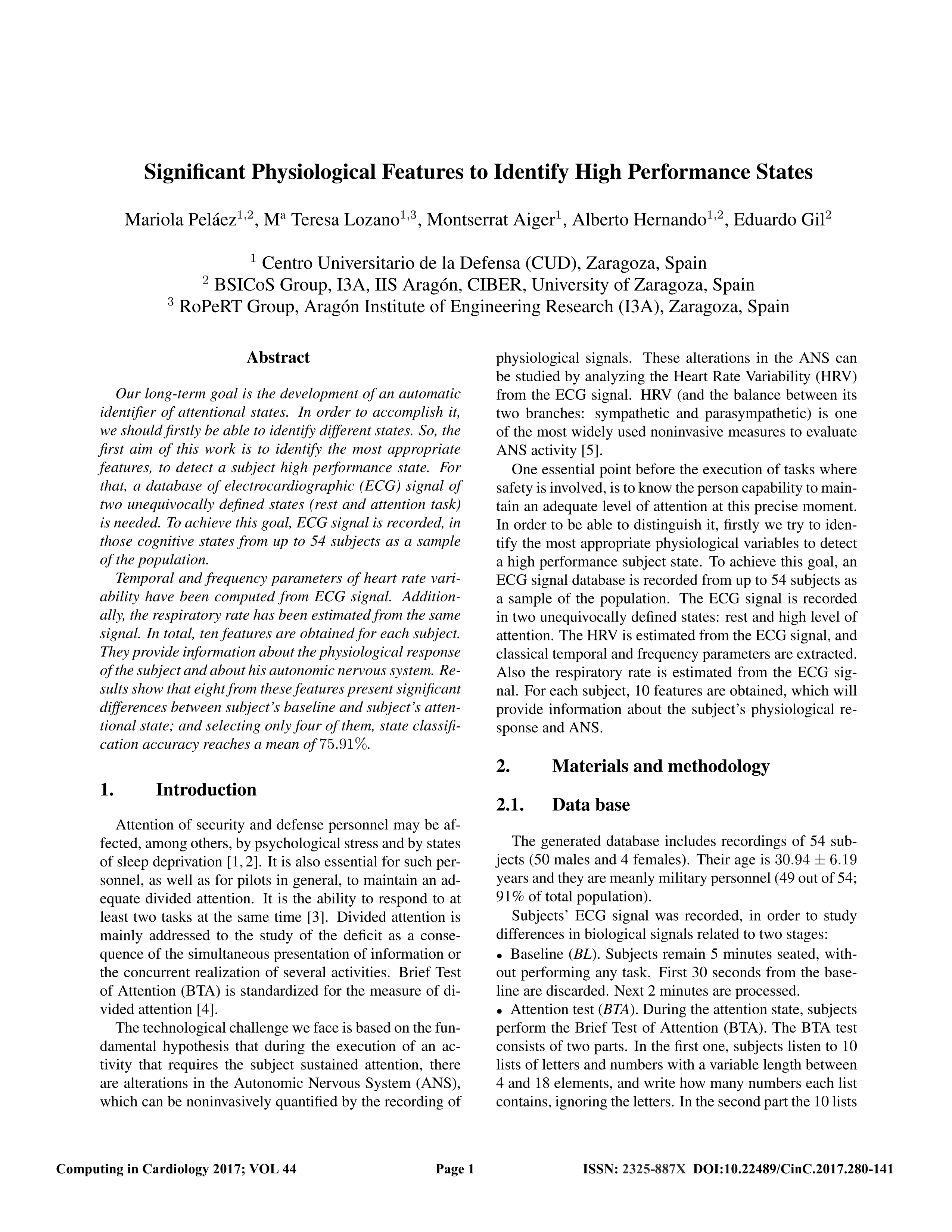 Significant Physiological Features to Identify High Performance States