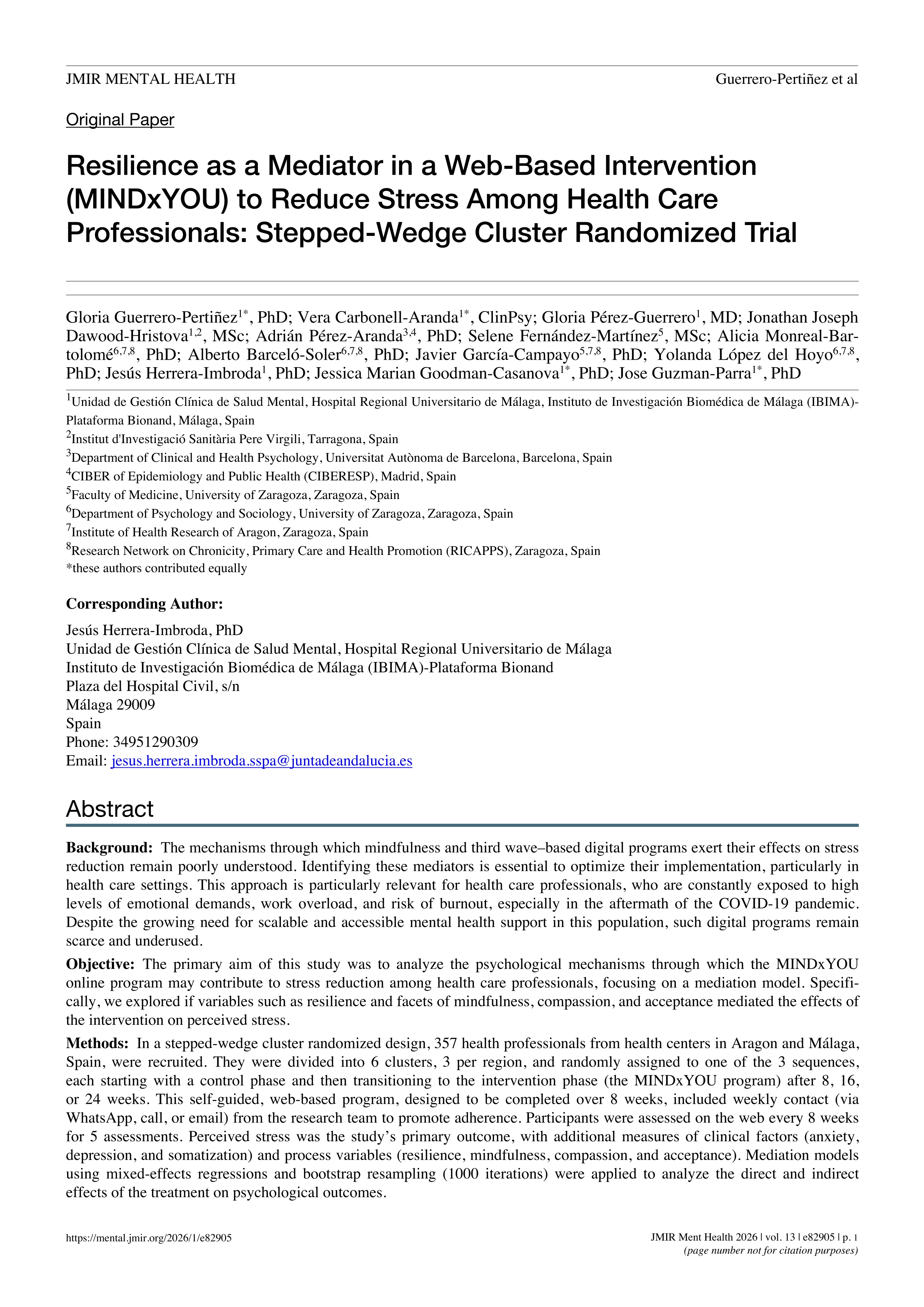 Resilience as a mediator in a web-based intervention (MINDxYOU) to reduce stress among health care professionals: stepped-wedge cluster randomized trial