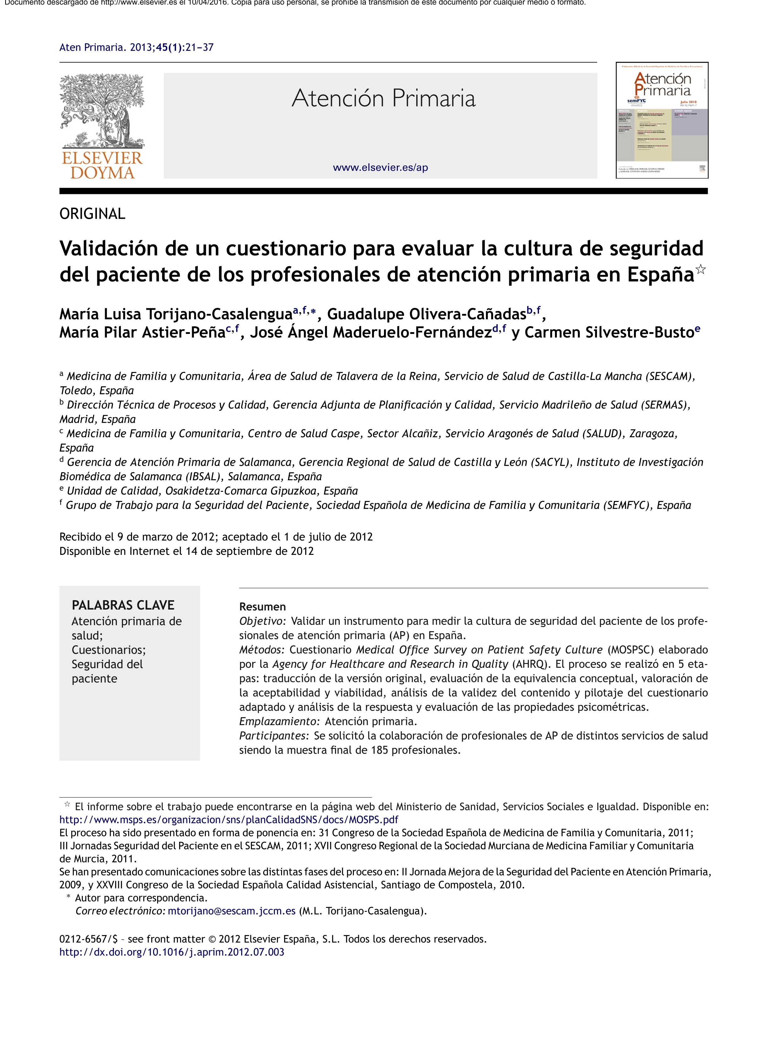 Validación de un cuestionario para evaluar la cultura de seguridad del paciente de los profesionales de atención primaria en España