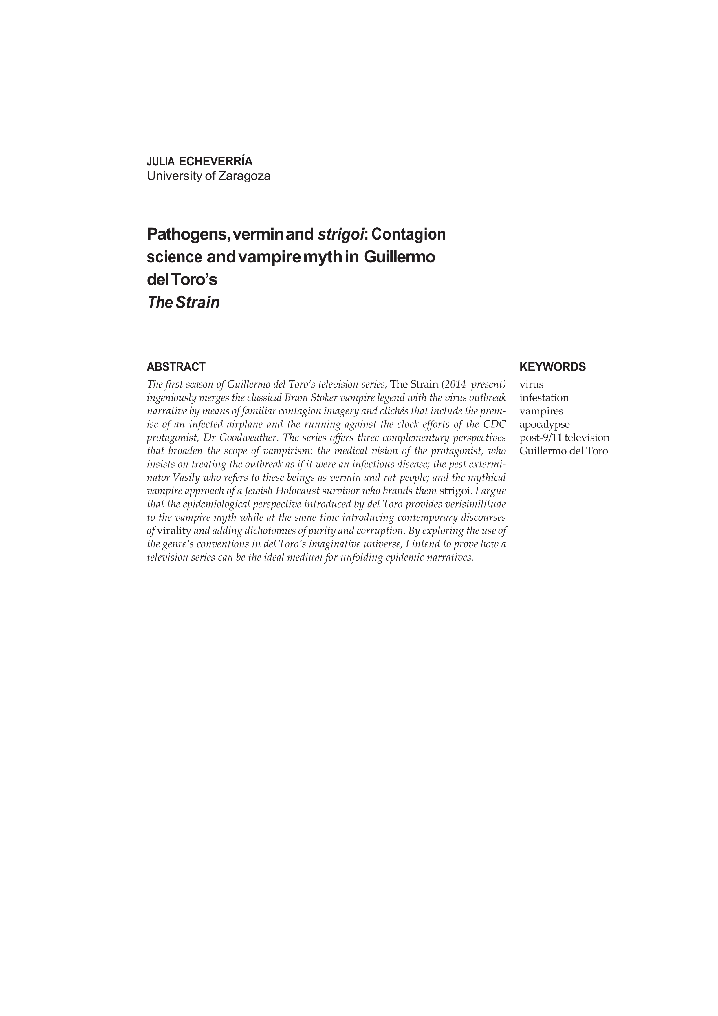 Pathogens, vermin and strigoi: Contagion science and vampire myth in Guillermo del Toro’s The Strain