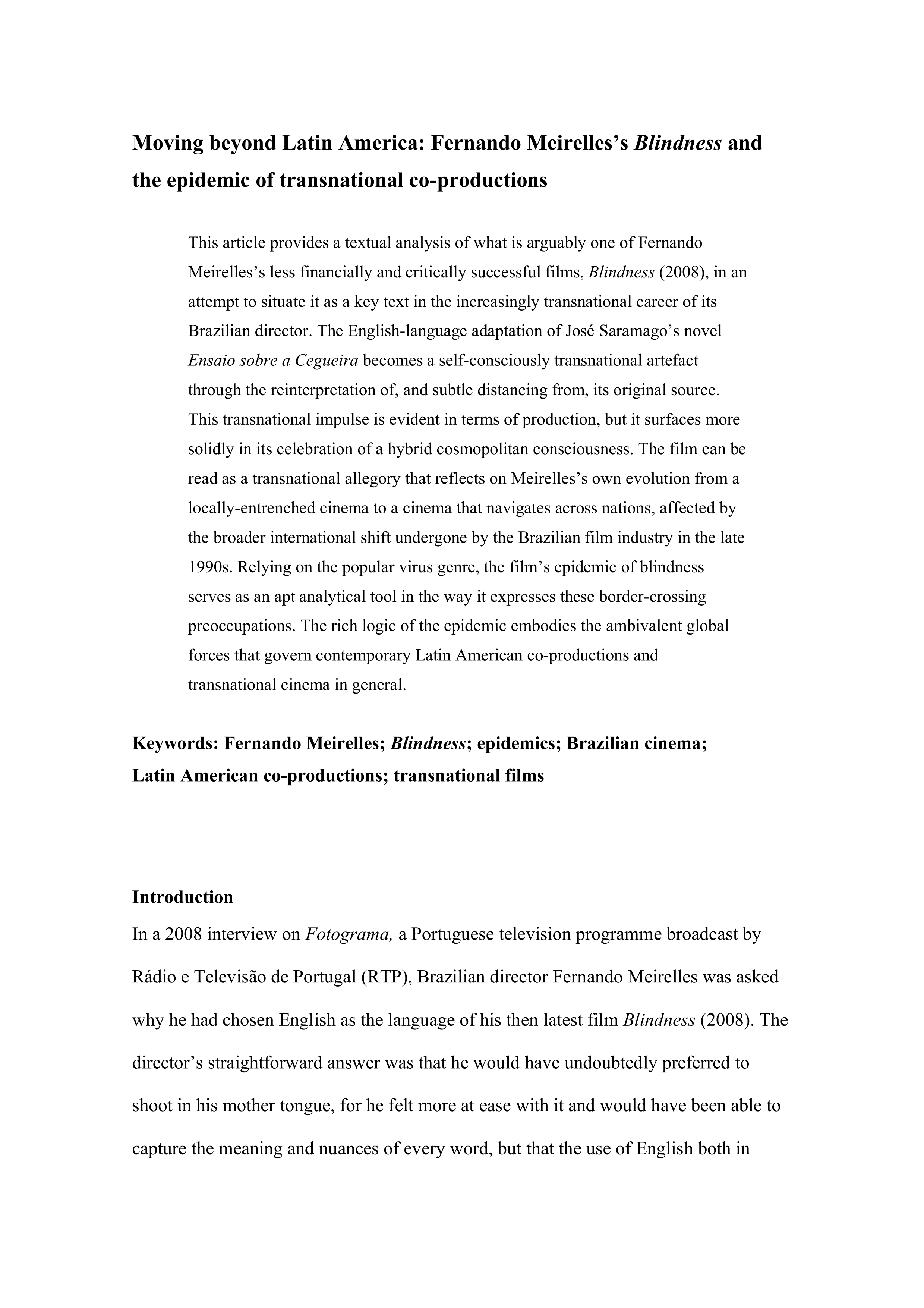 Moving beyond Latin America: Fernando Meirelles’s Blindness and the epidemic of transnational co-productions