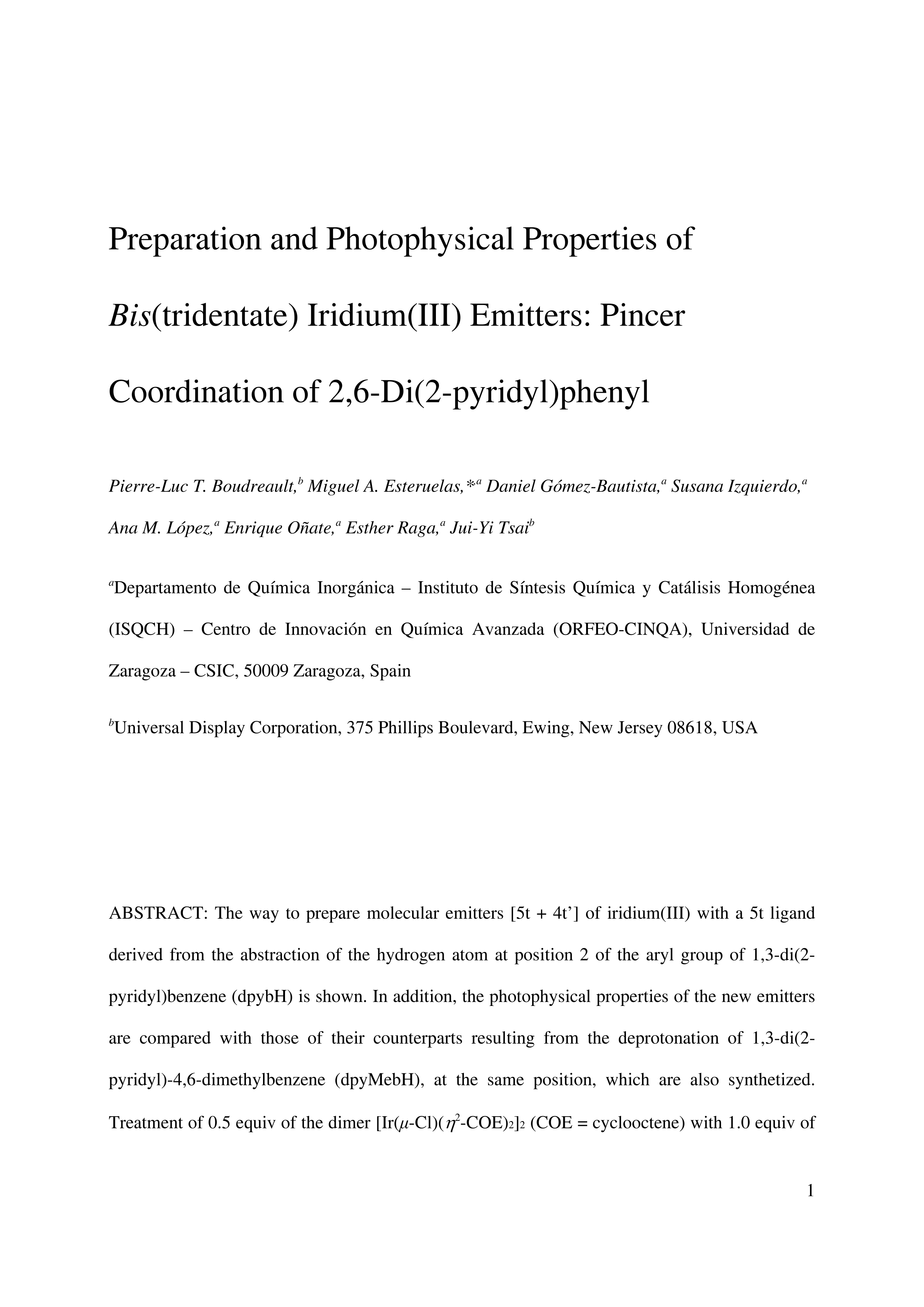 Preparation and Photophysical Properties of Bis(tridentate) Iridium(III) Emitters: Pincer Coordination of 2, 6-Di(2-pyridyl)phenyl