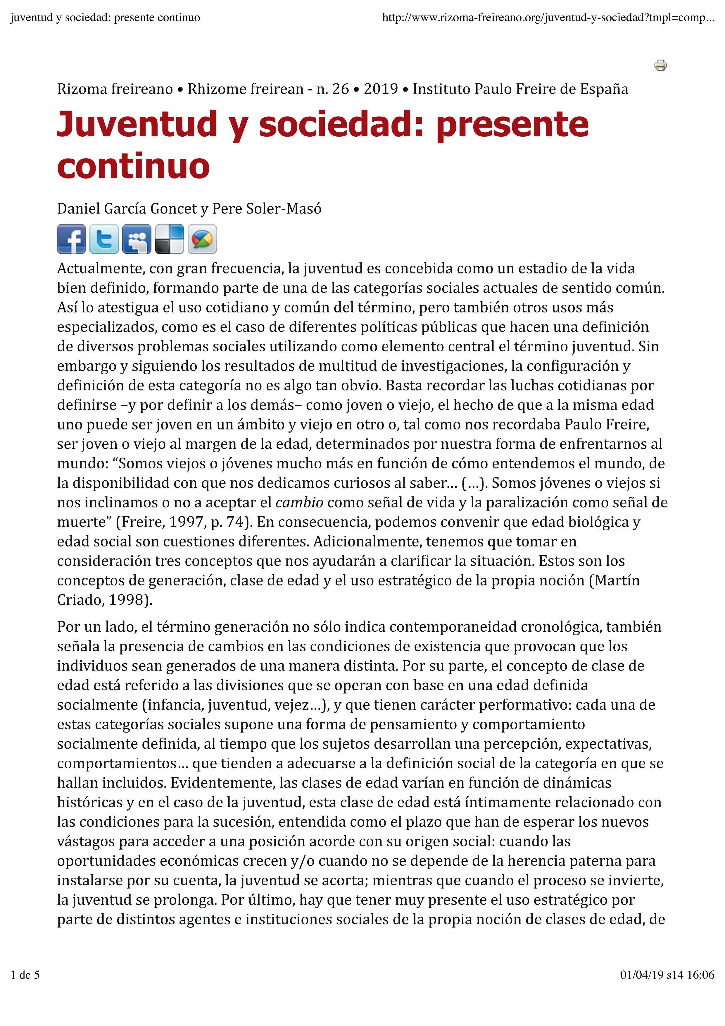 Juventud y sociedad: presente continuo