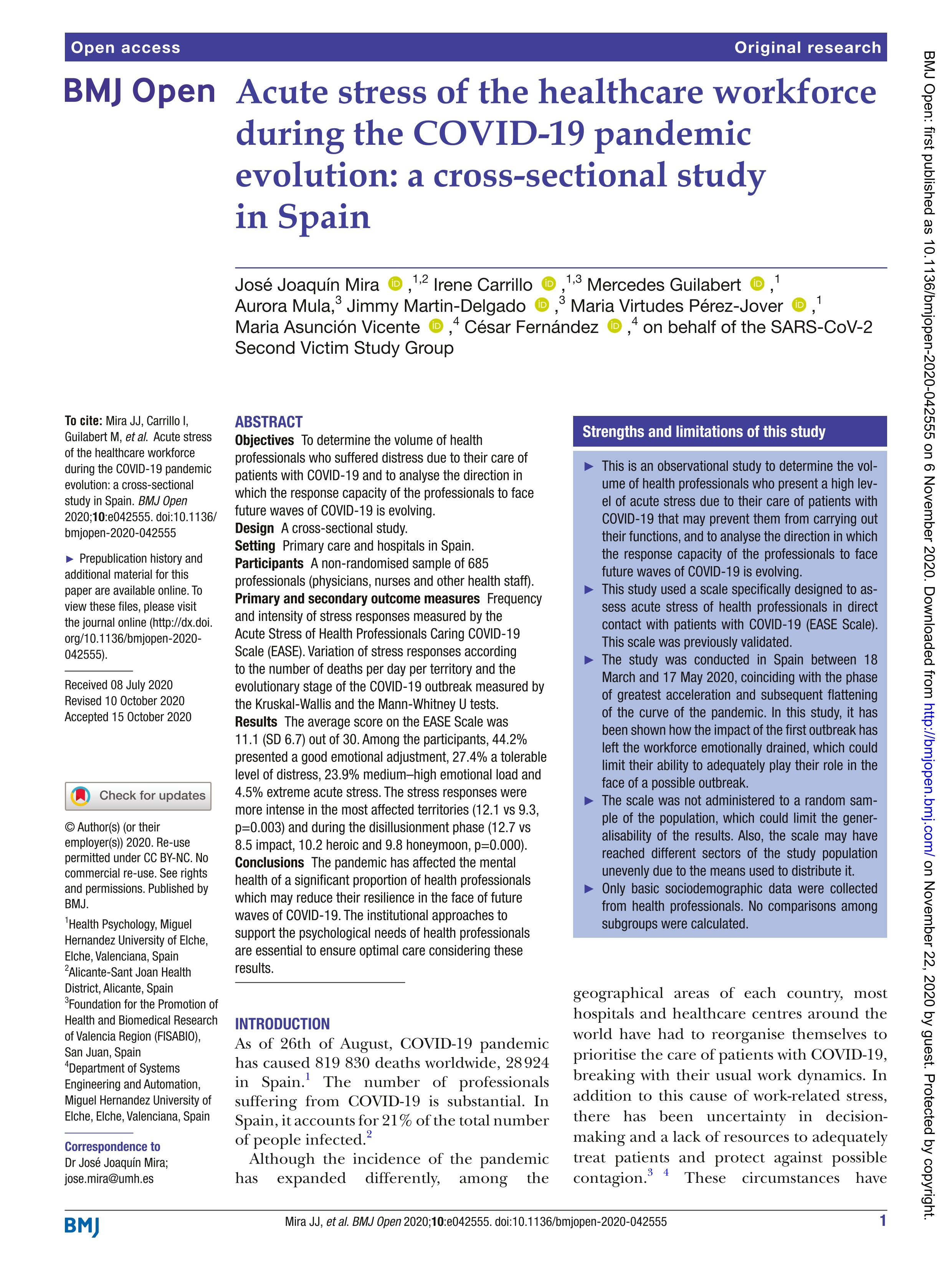 Acute stress of the healthcare workforce during the COVID-19 pandemic evolution: a cross-sectional study in Spain