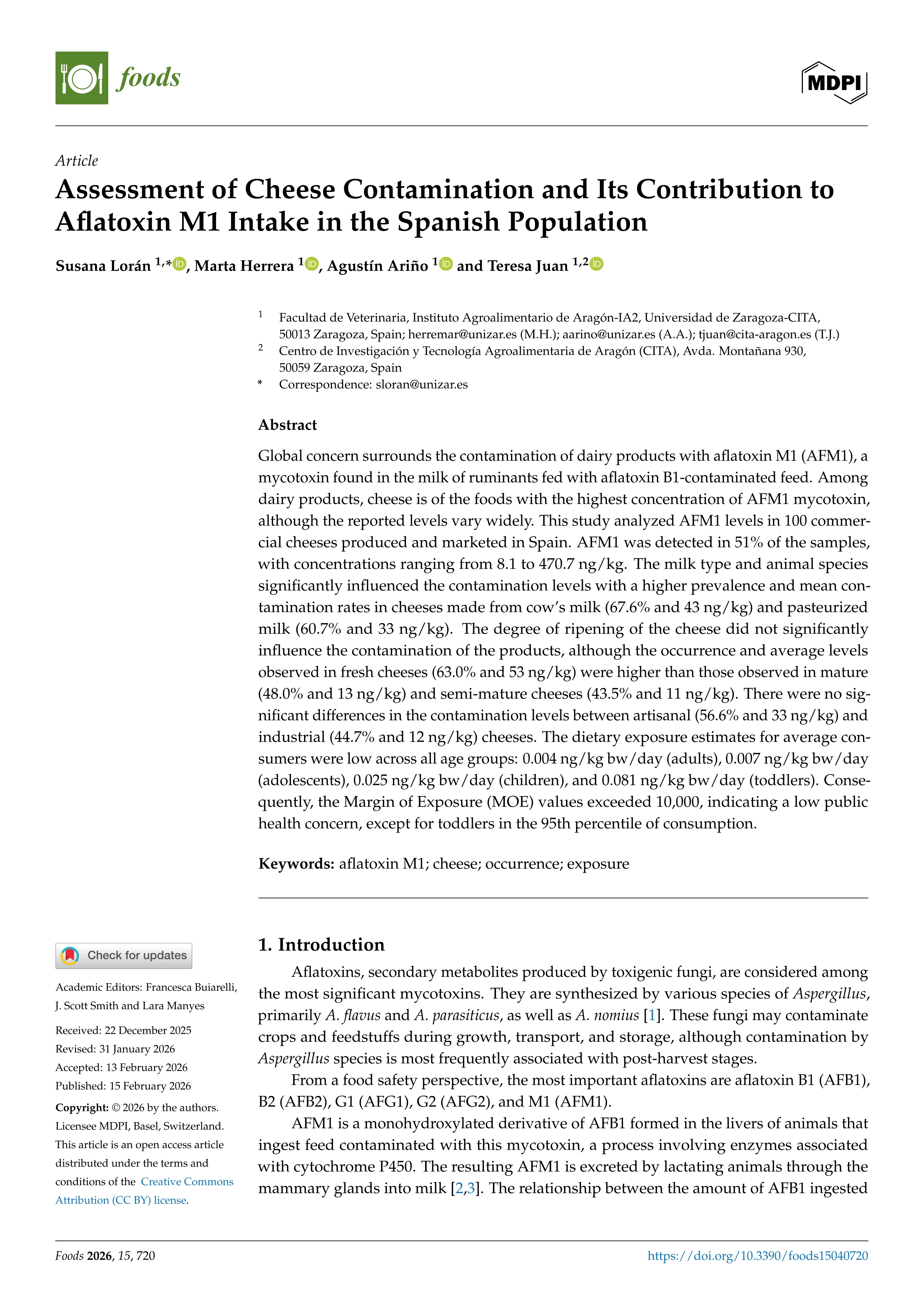 Assessment of cheese contamination and its contribution to aflatoxin M1 intake in the Spanish population