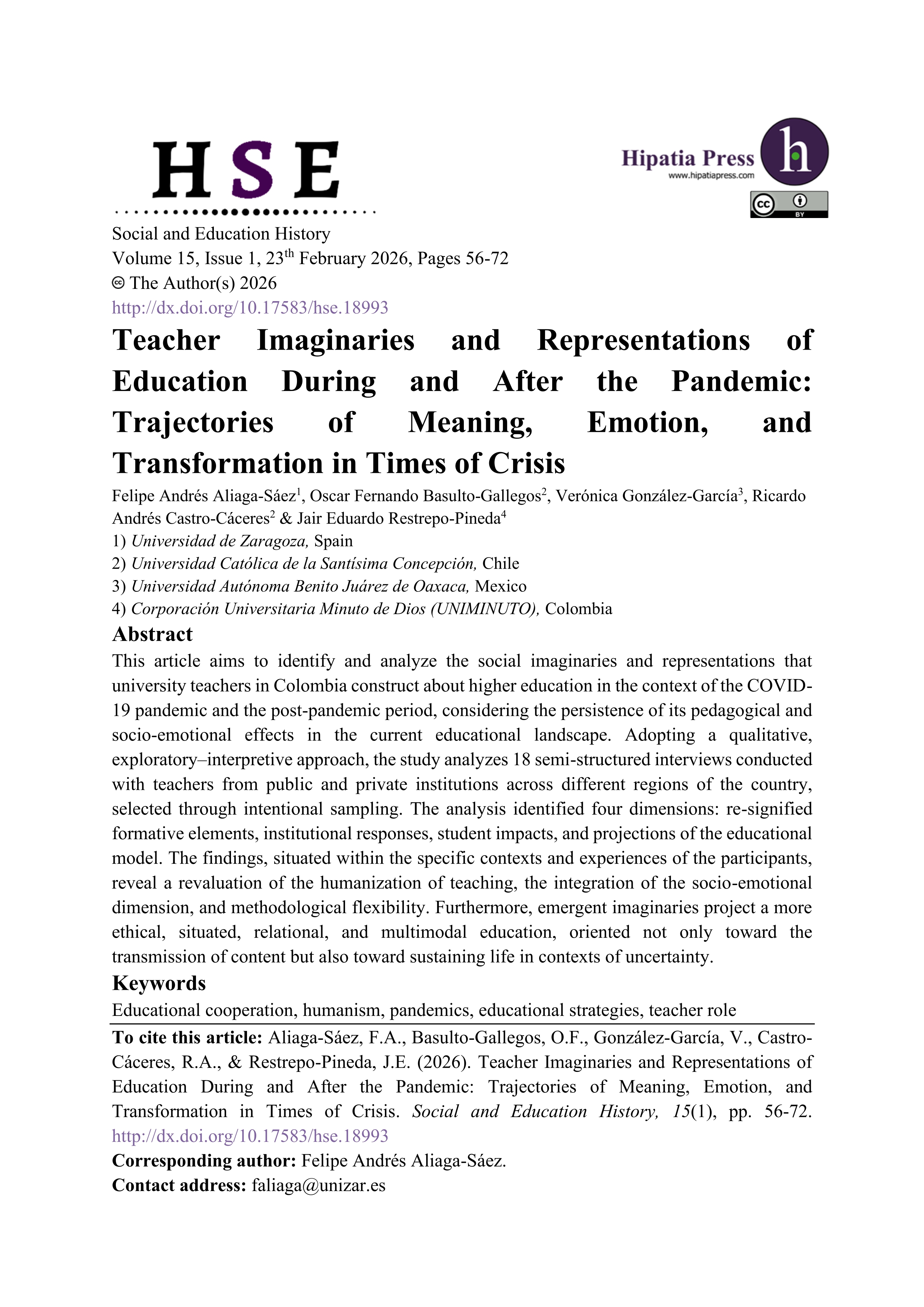 Imaginarios y Representaciones Docentes sobre la Educación en Pandemia y Postpandemia: Trayectorias de Sentido, Afecto y Transformación en Tiempos de Crisis