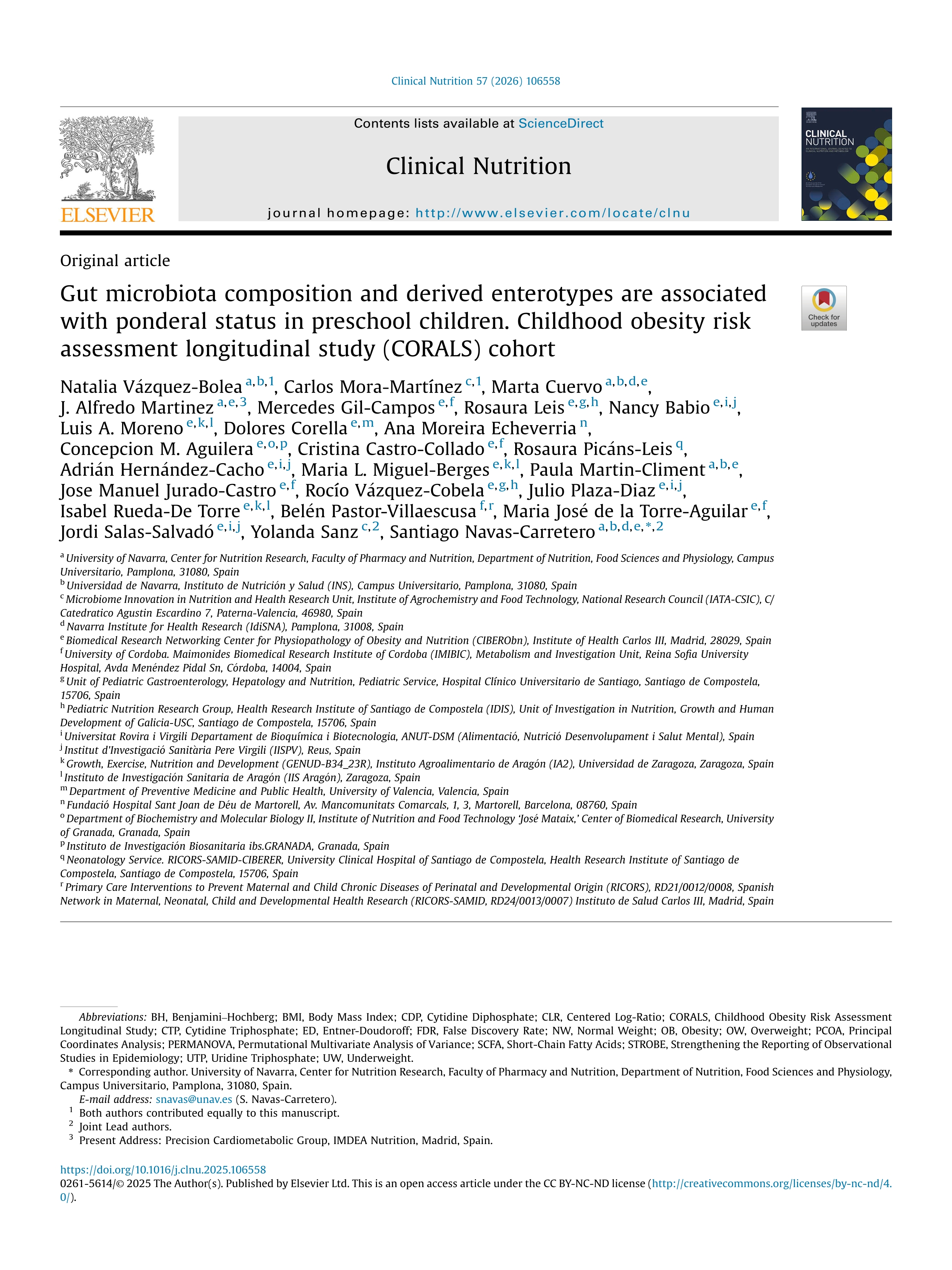 Gut microbiota composition and derived enterotypes are associated with ponderal status in preschool children. Childhood obesity risk assessment longitudinal study (CORALS) cohort