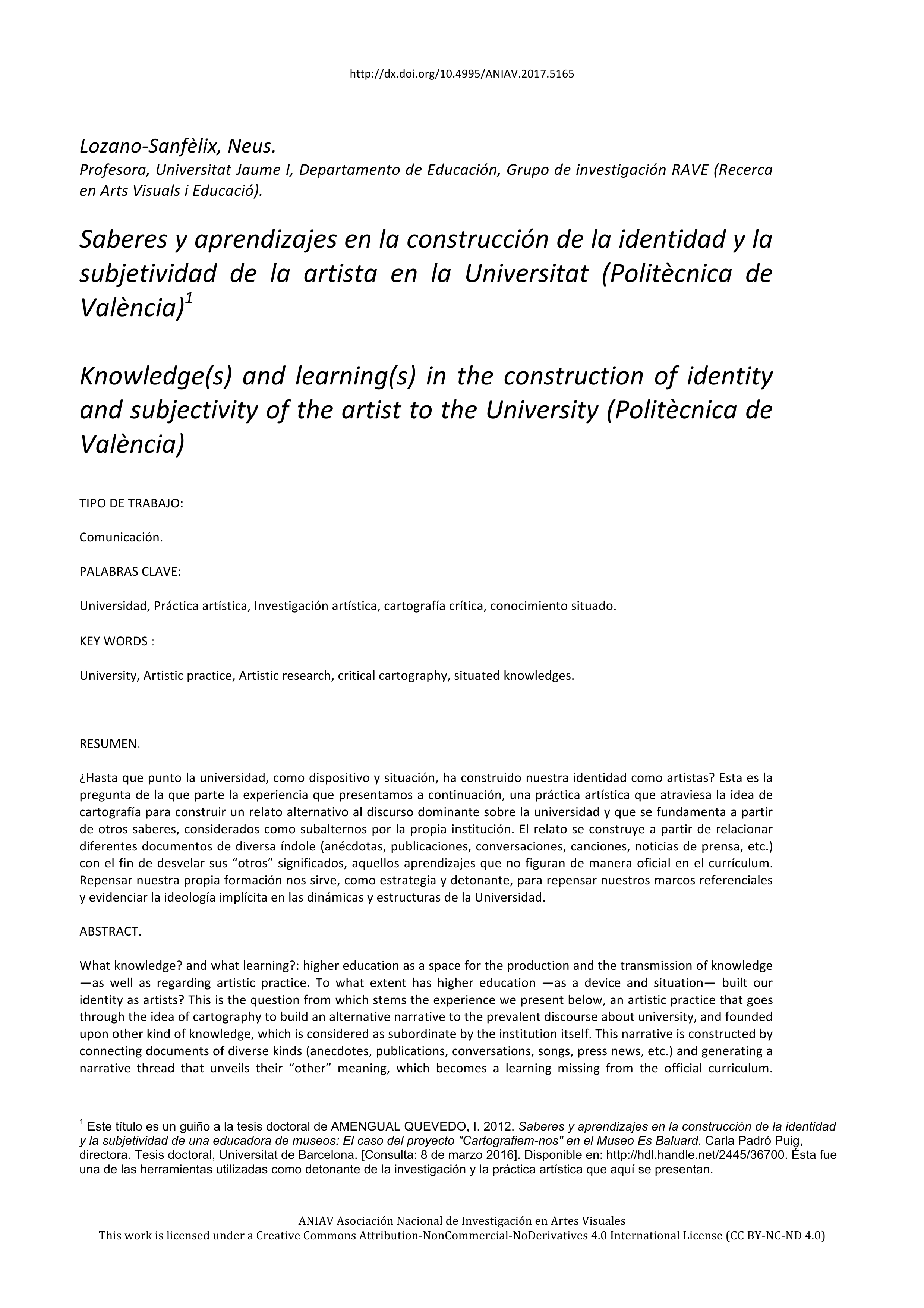 Saberes y aprendizajes en la construcción de la identidad y la subjetividad de una artista en la Universitat (Politècnica de València).