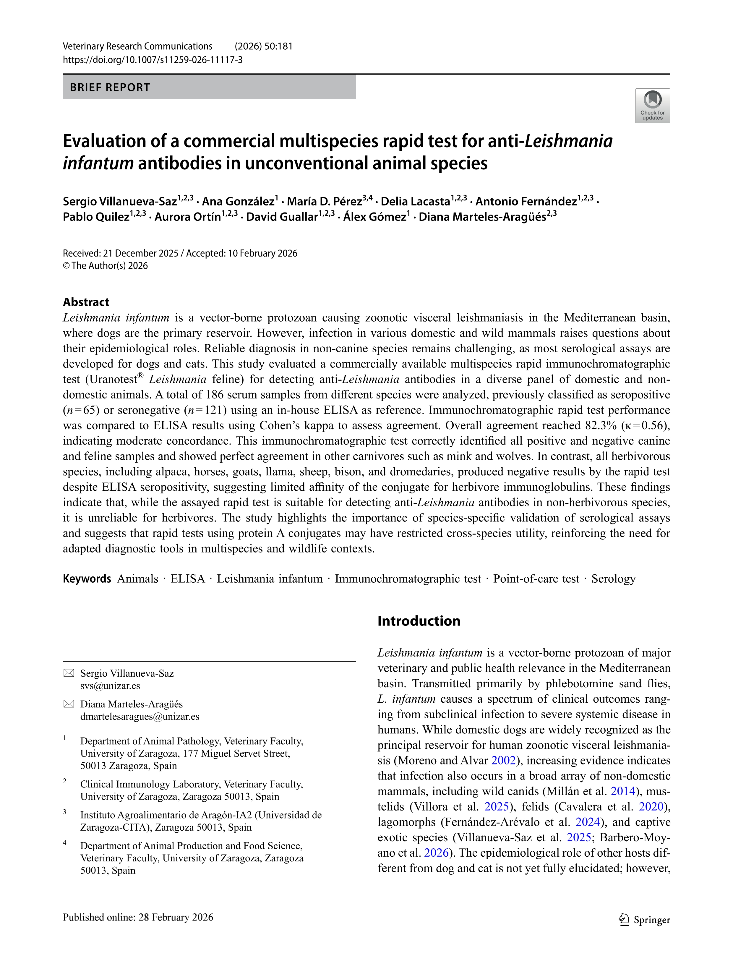 Evaluation of a commercial multispecies rapid test for anti-Leishmania infantum antibodies in unconventional animal species