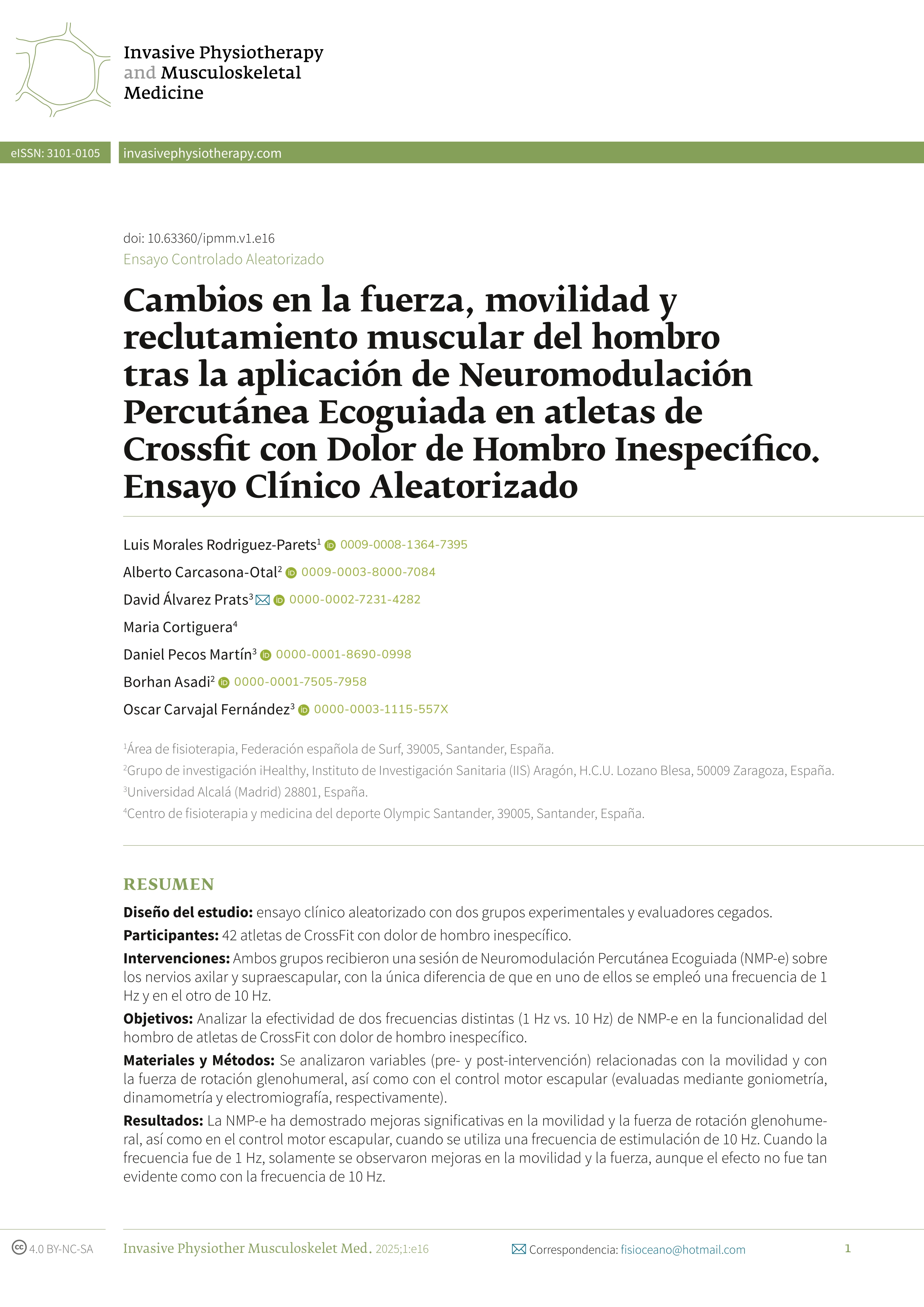 Cambios en la fuerza, movilidad y reclutamiento muscular del hombro tras la aplicación de Neuromodulación Percutánea Ecoguiada en atletas de Crossfit con Dolor de Hombro Inespecífico. Ensayo Clínico Aleatorizado