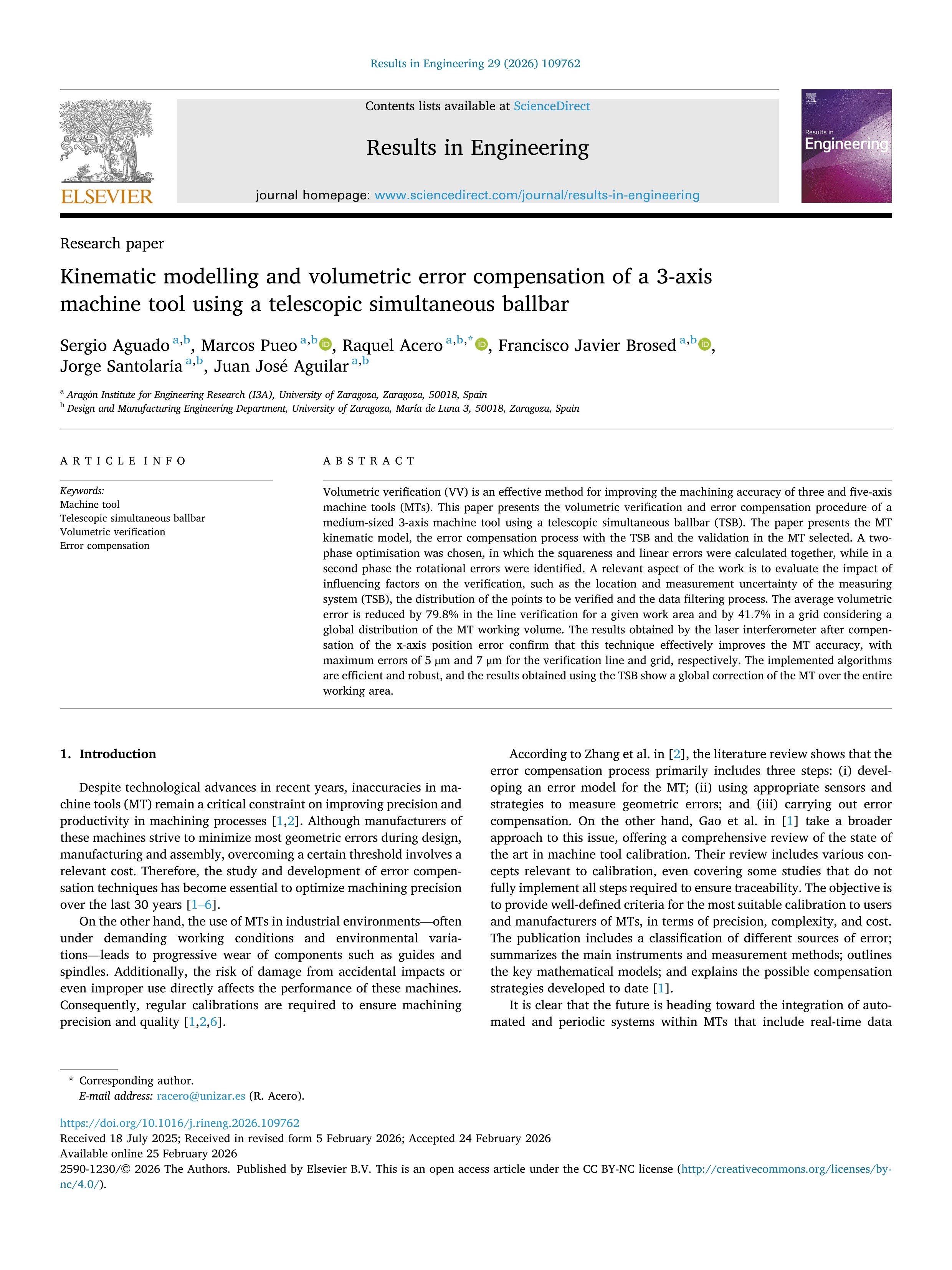 Kinematic modelling and volumetric error compensation of a 3-axis machine tool using a telescopic simultaneous ballbar