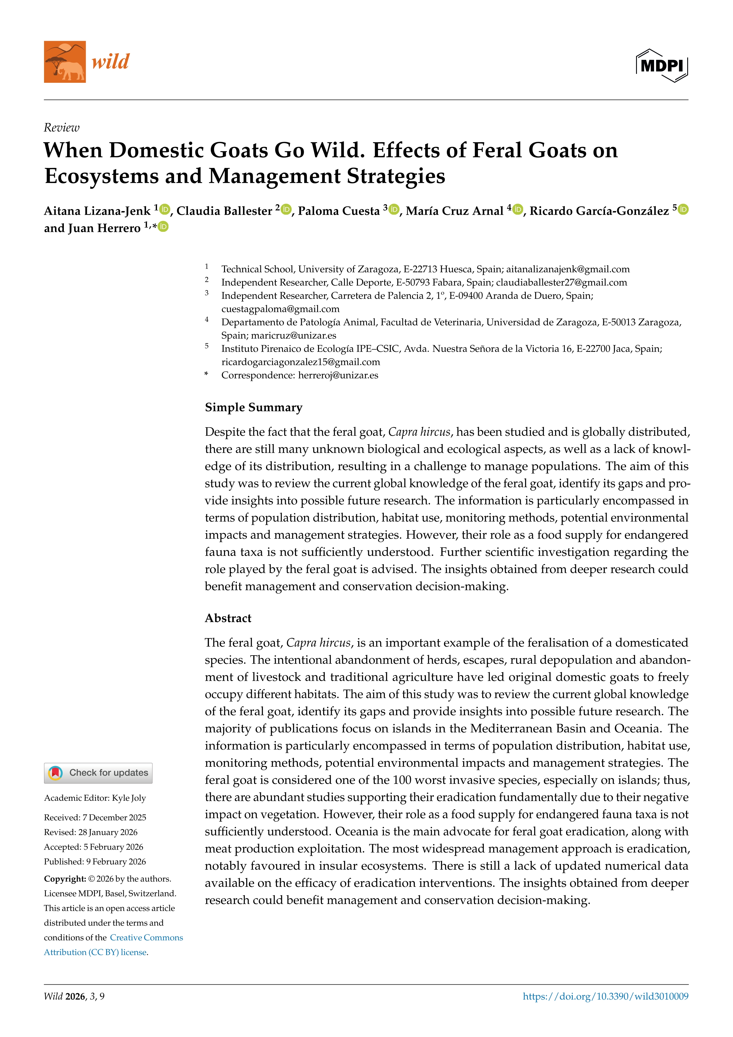 When Domestic Goats Go Wild. Effects of Feral Goats on Ecosystems and Management Strategies