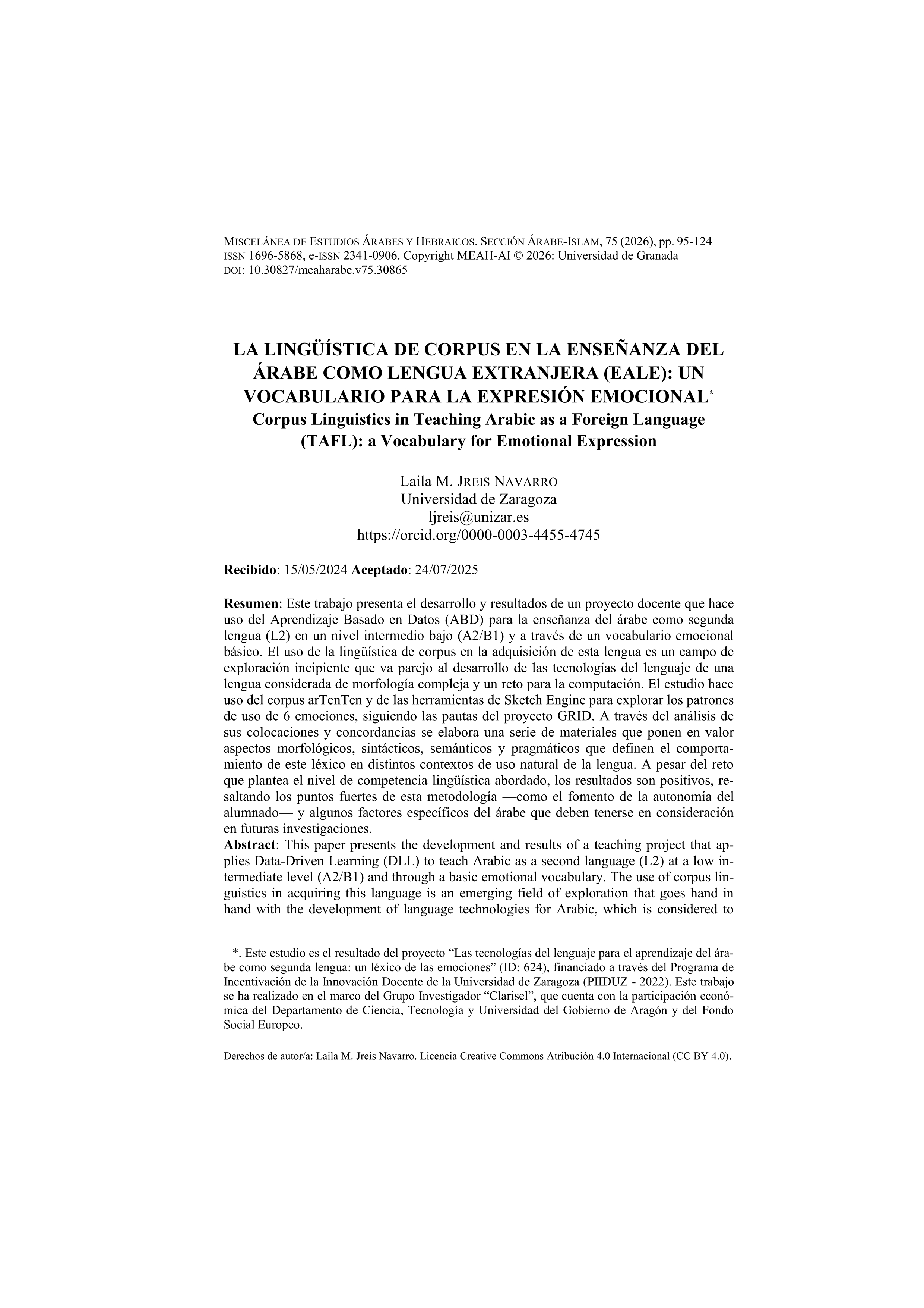 La lingüística de corpus en la enseñanza del árabe como lengua extranjera (EALE): un vocabulario para la expresión emocional