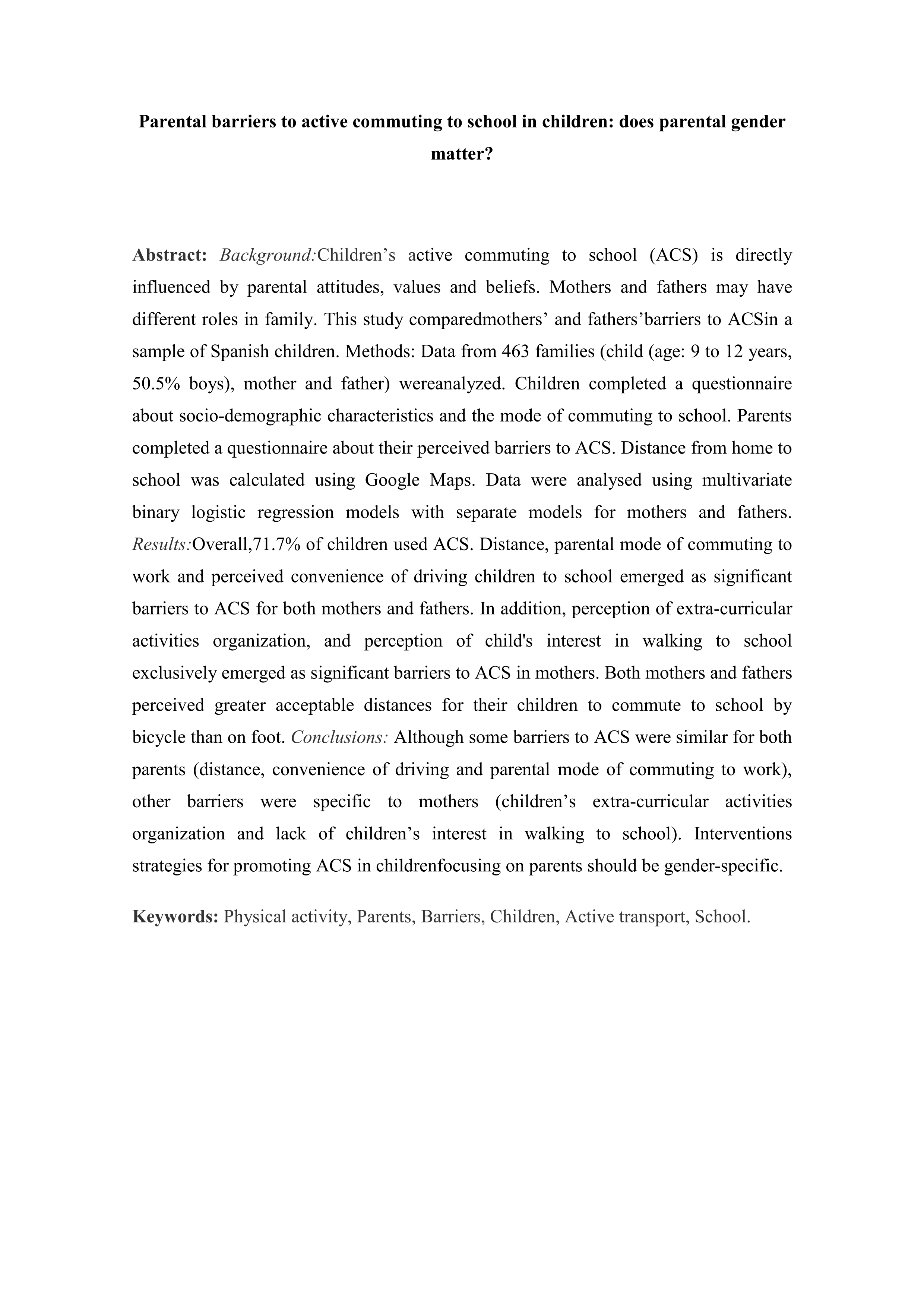 Parental barriers to active commuting to school in children: does parental gender matter?
