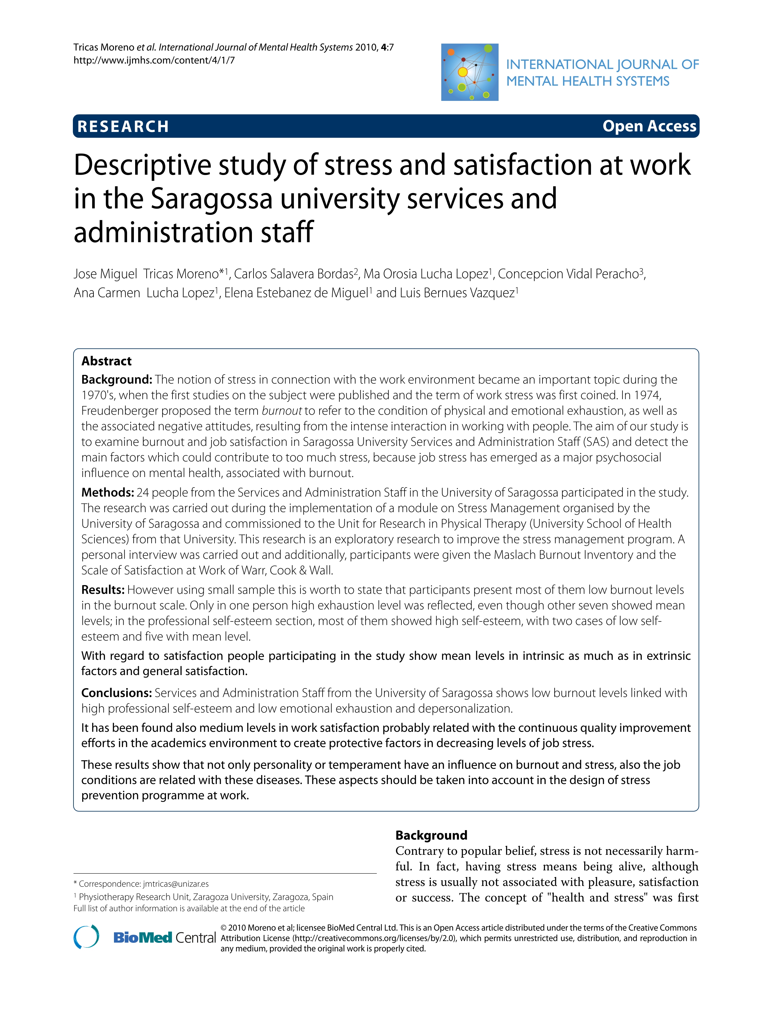 Descriptive study of stress and satisfaction at work in the Saragossa university services and administration staff