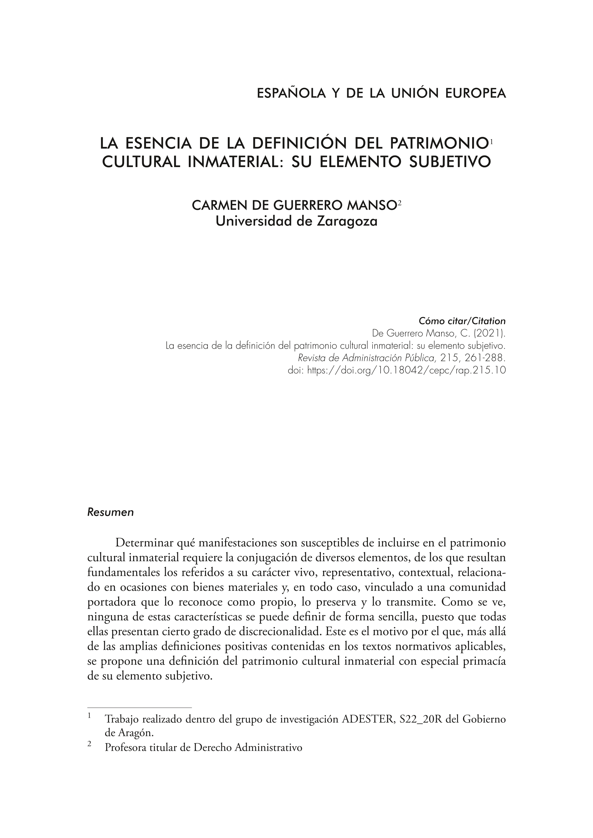 La esencia de la definición del patrimonio cultural inmaterial : su elemento subjetivo