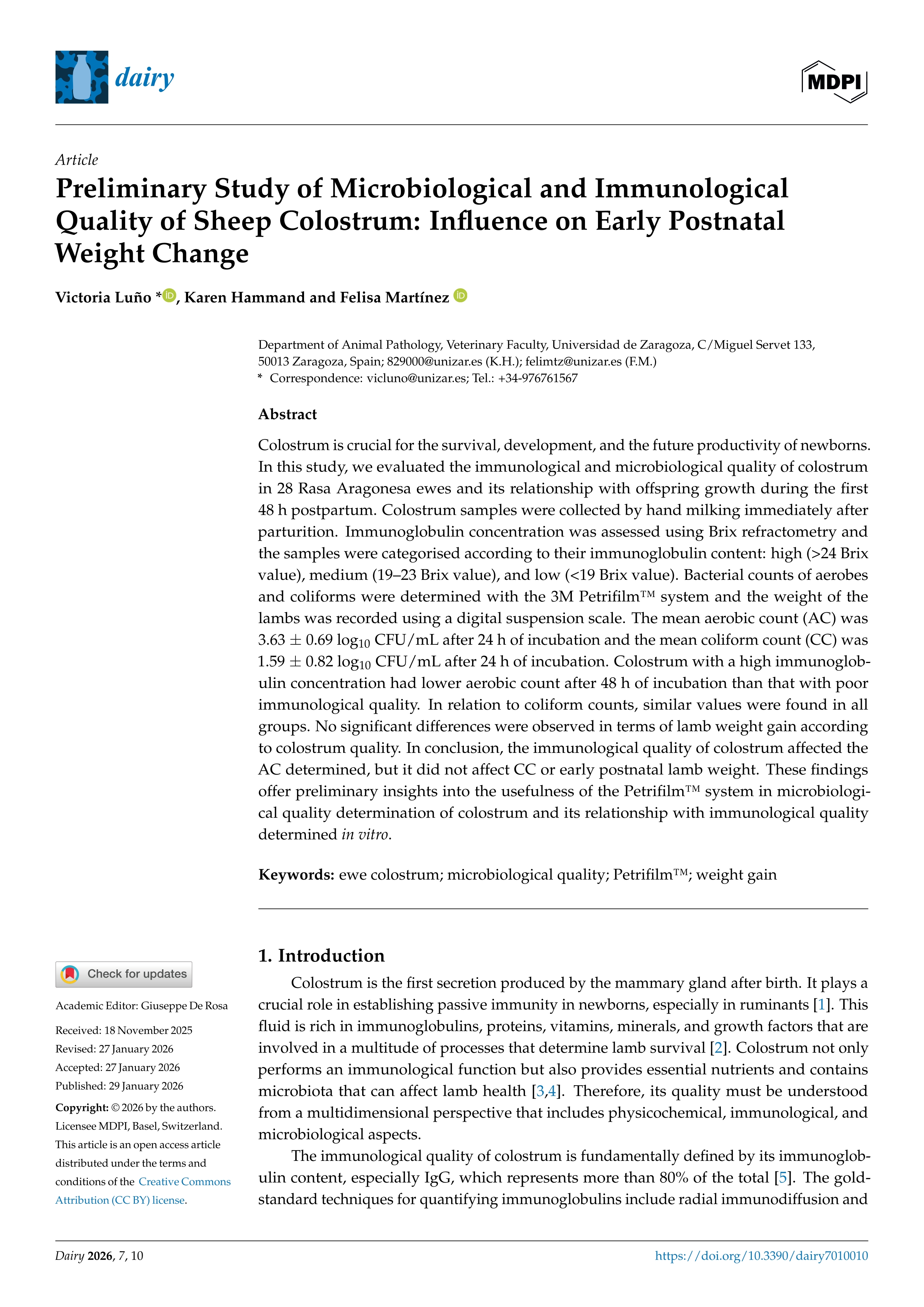 Preliminary Study of Microbiological and Immunological Quality of Sheep Colostrum: Influence on Early Postnatal Weight Change