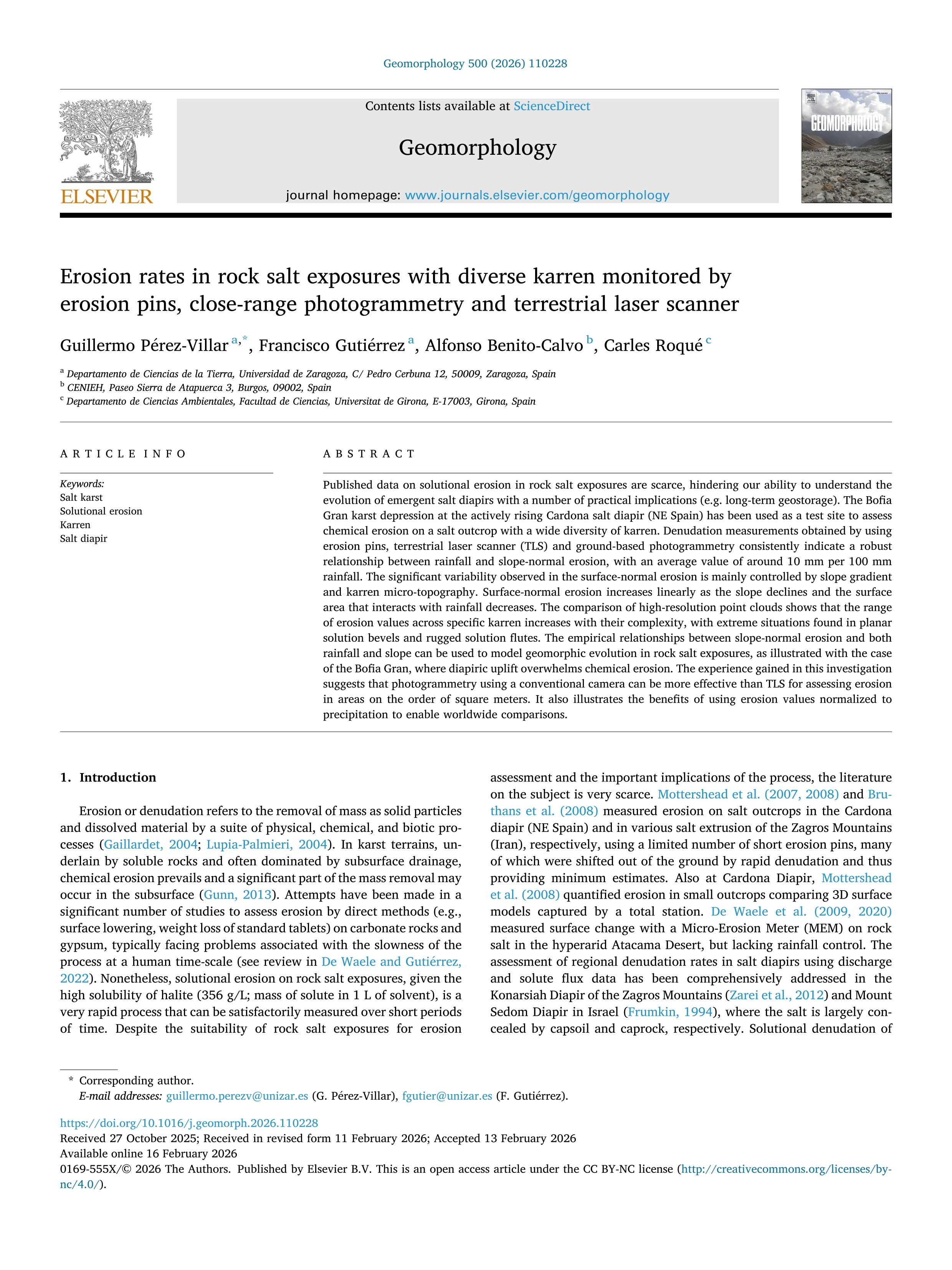 Erosion rates in rock salt exposures with diverse karren monitored by erosion pins, close-range photogrammetry and terrestrial laser scanner