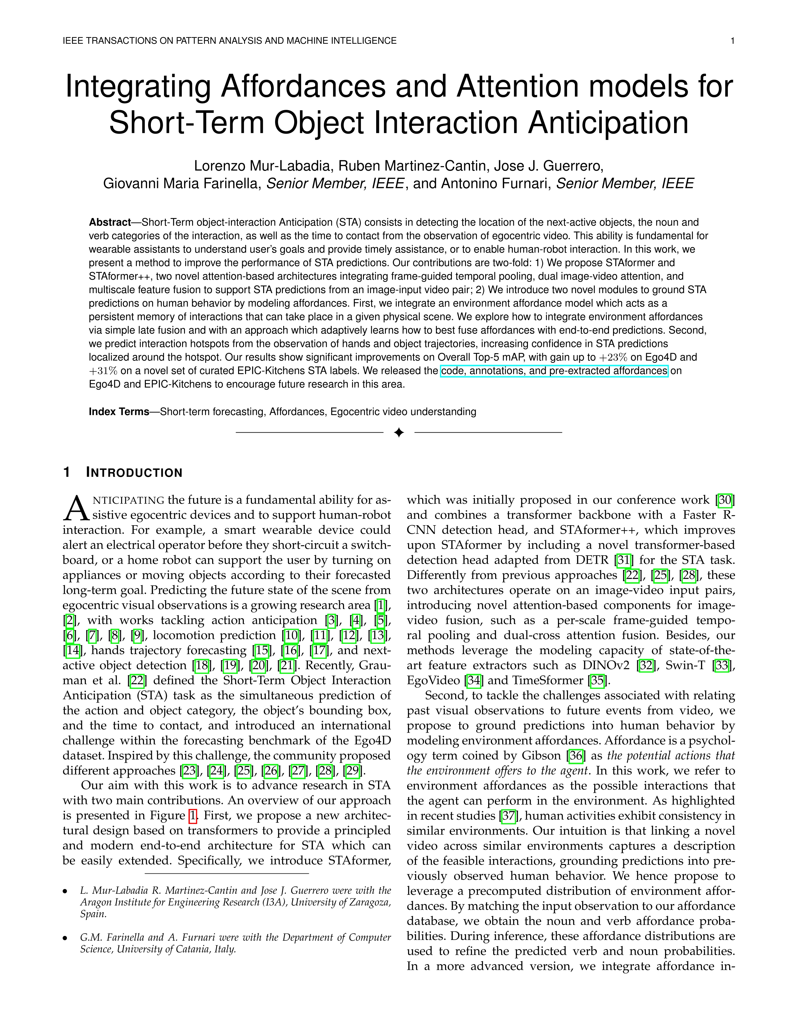 Integrating Affordances and Attention models for Short-Term Object Interaction Anticipation