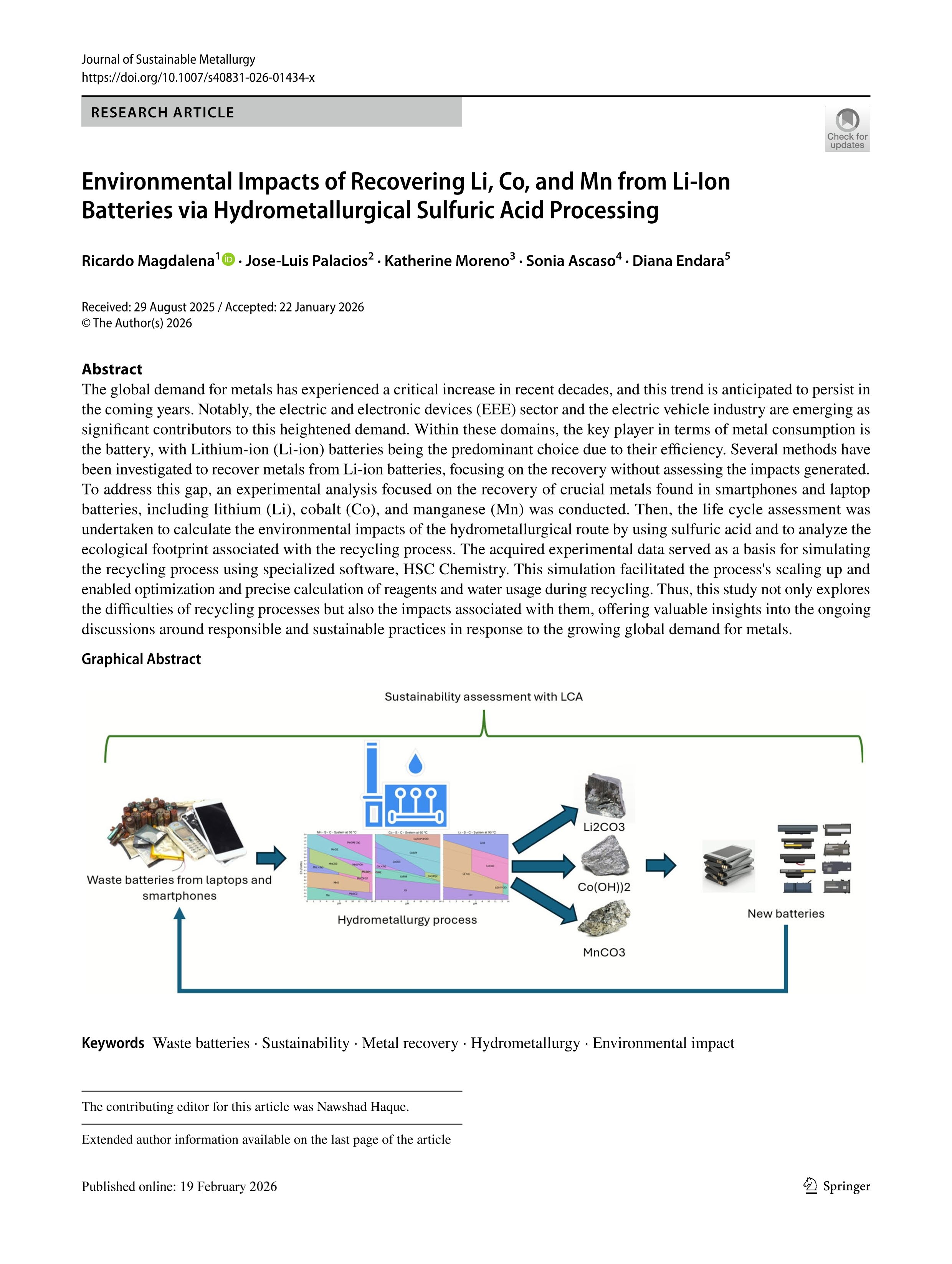 Environmental Impacts of Recovering Li, Co, and Mn from Li-Ion Batteries via Hydrometallurgical Sulfuric Acid Processing