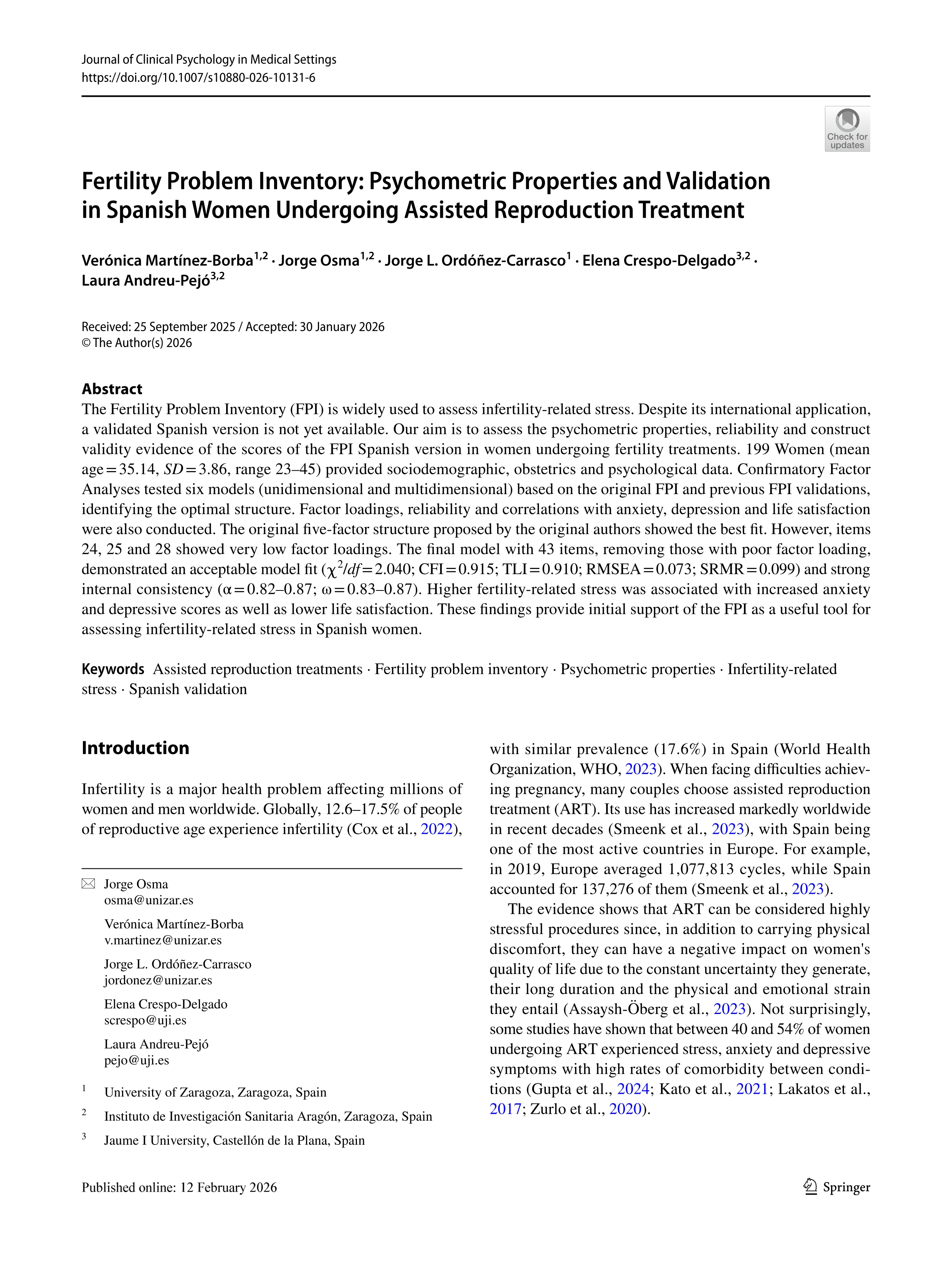 Fertility Problem Inventory: Psychometric Properties and Validation in Spanish Women Undergoing Assisted Reproduction Treatment