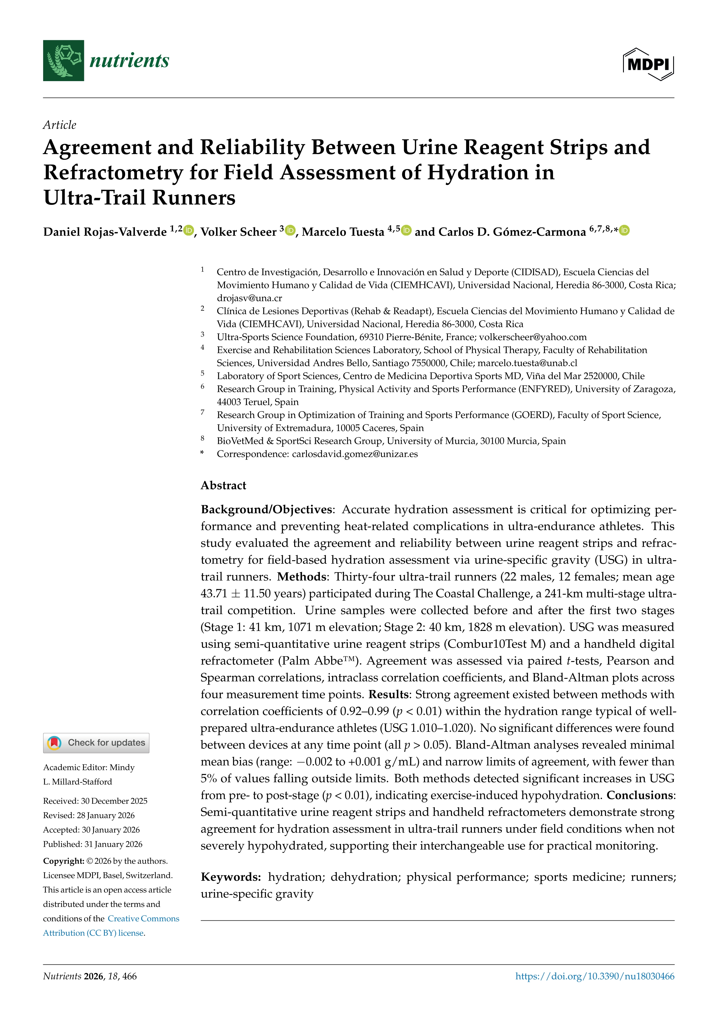 Agreement and Reliability Between Urine Reagent Strips and Refractometry for Field Assessment of Hydration in Ultra-Trail Runners