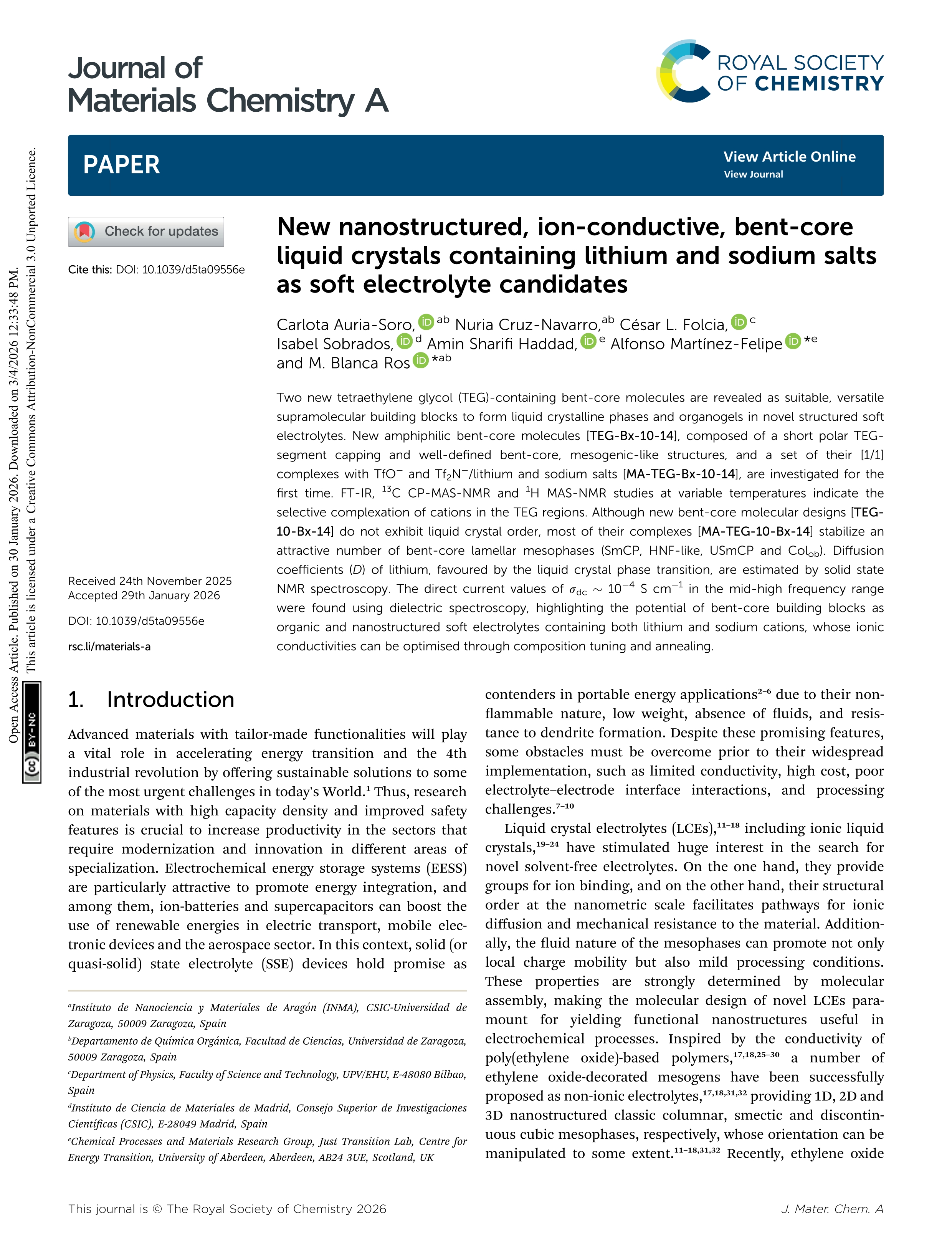 New nanostructured, ion-conductive, bent-core liquid crystals containing lithium and sodium salts as soft electrolyte candidates