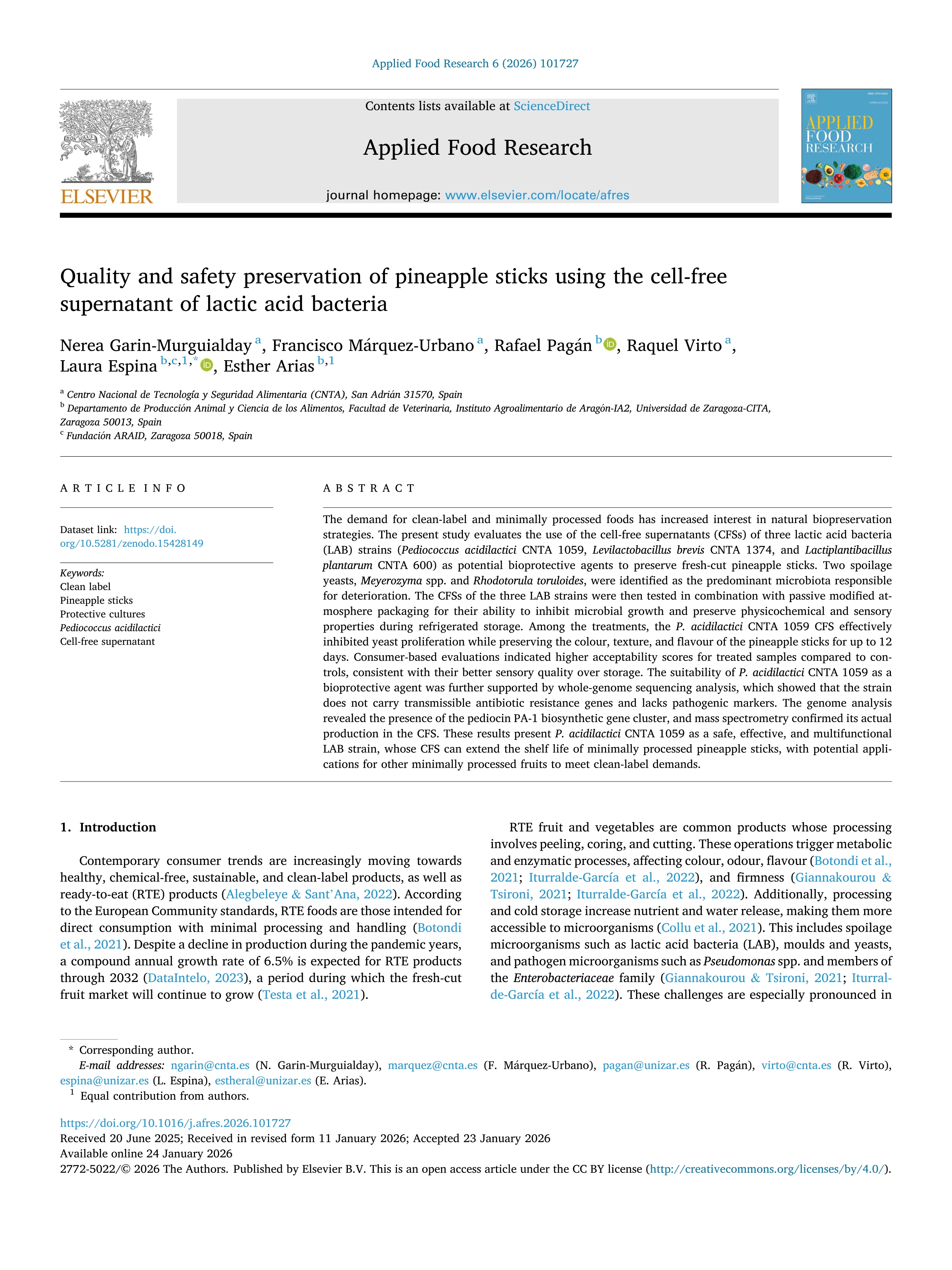 Quality and safety preservation of pineapple sticks using the cell-free supernatant of lactic acid bacteria