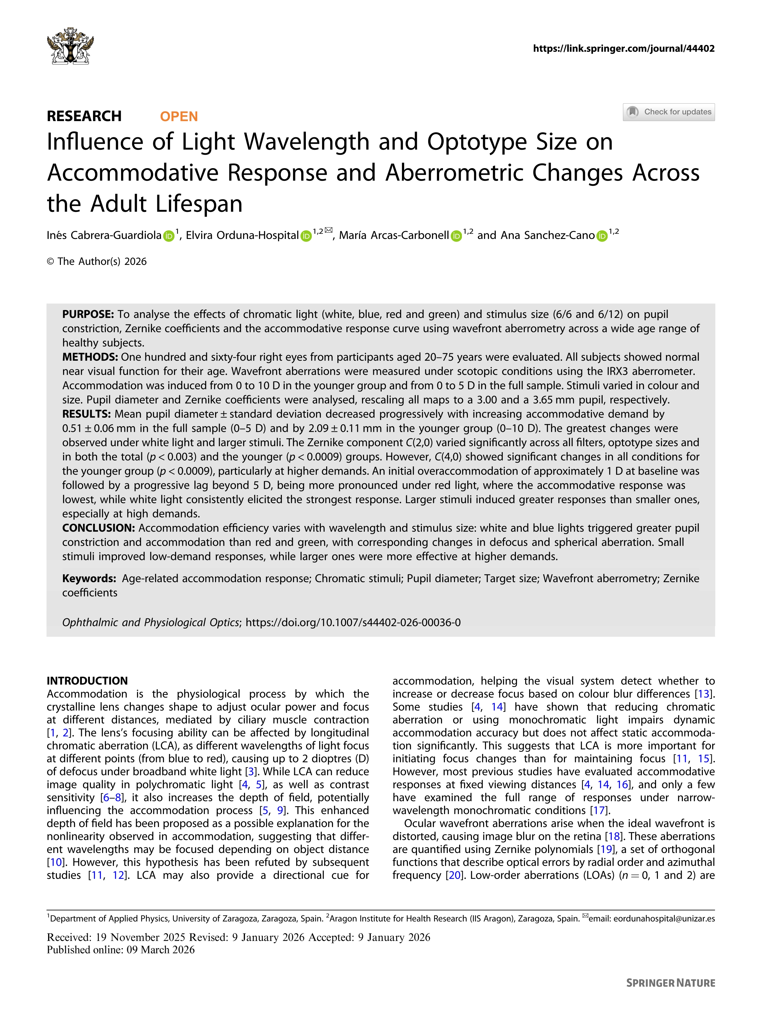 Influence of Light Wavelength and Optotype Size on Accommodative Response and Aberrometric Changes Across the Adult Lifespan