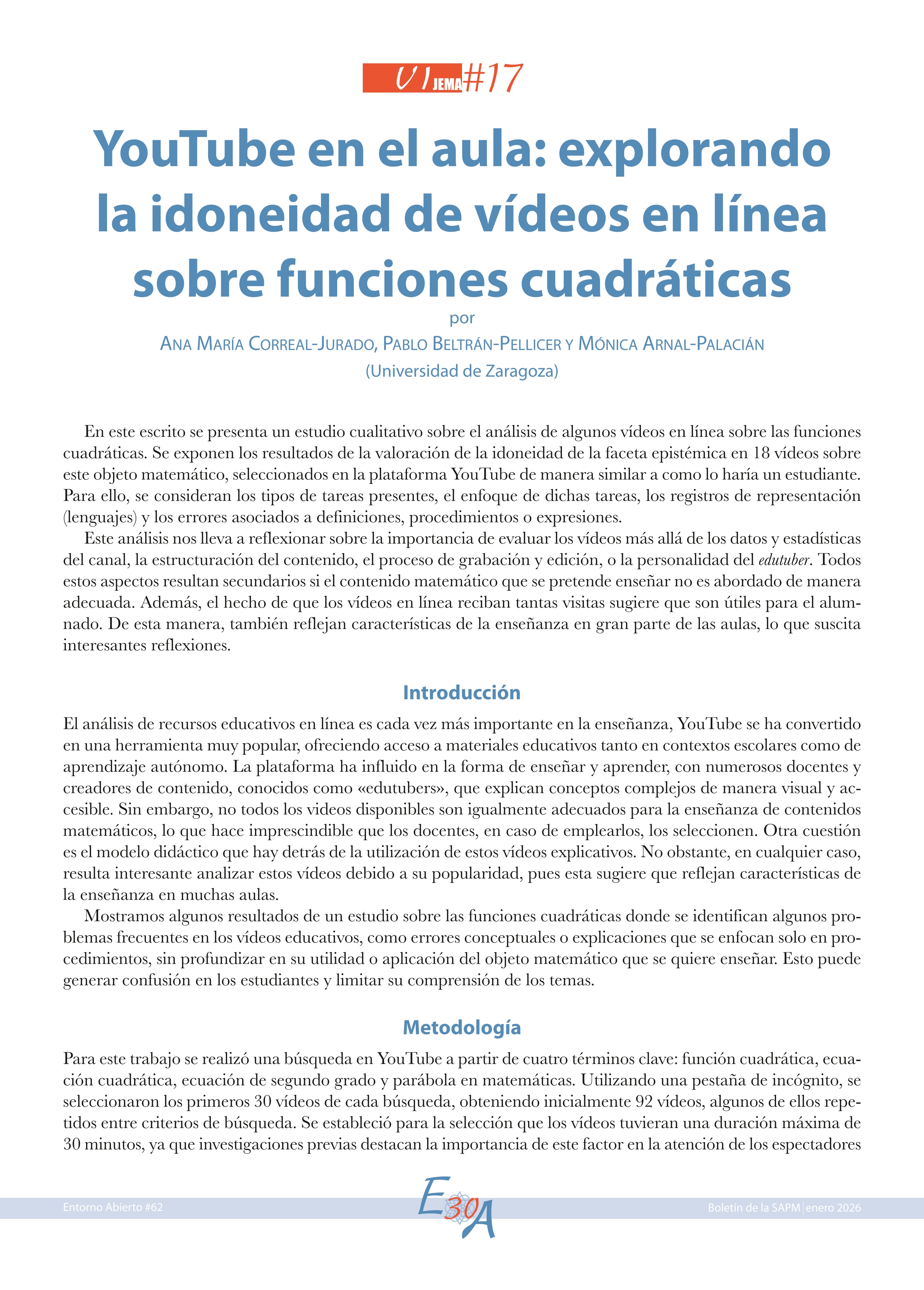 YouTube en el aula: explorando la idoneidad de vídeos en línea sobre funciones cuadráticas