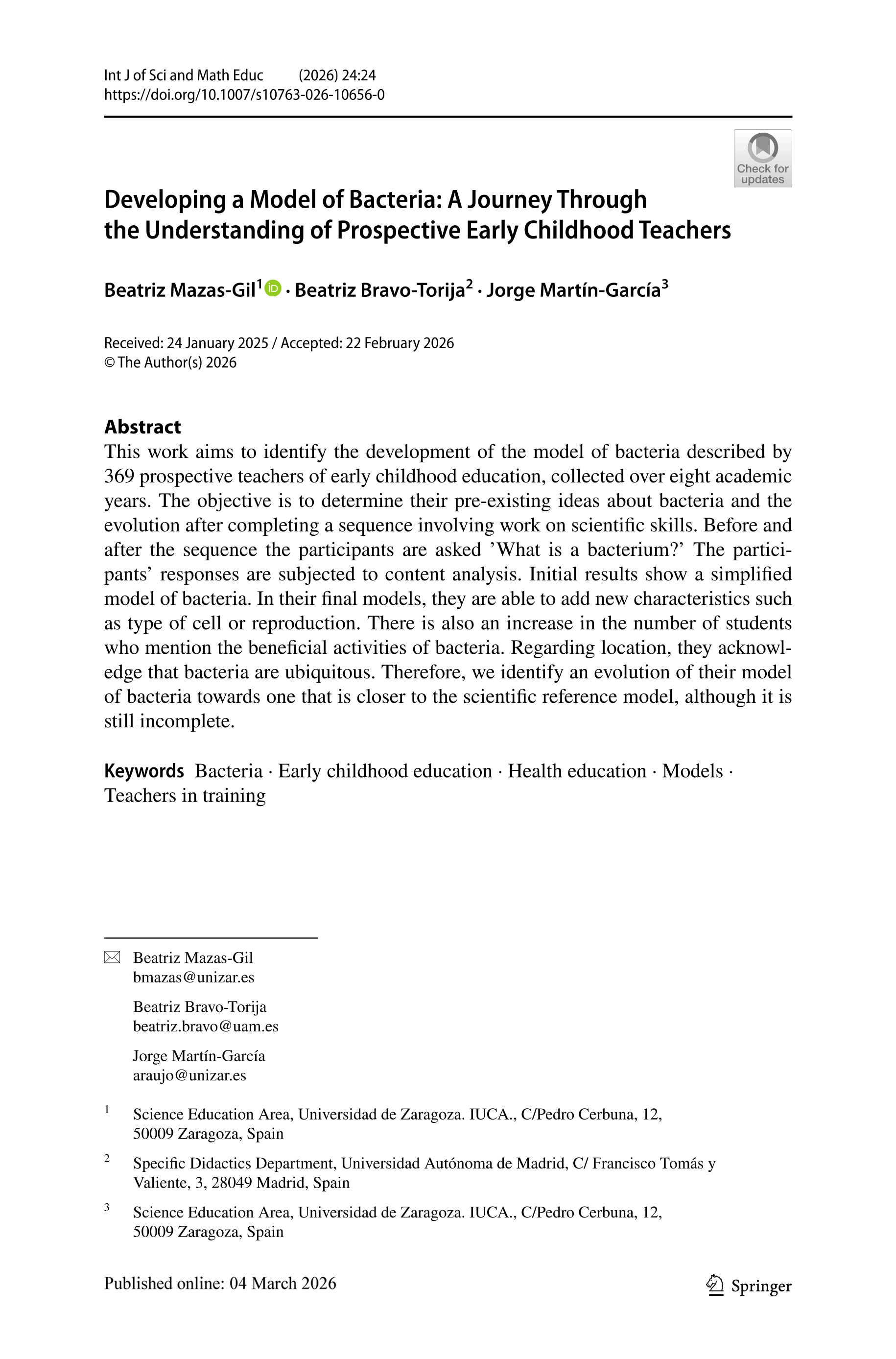Developing a model of bacteria: a journey through the understanding of prospective early childhood teachers