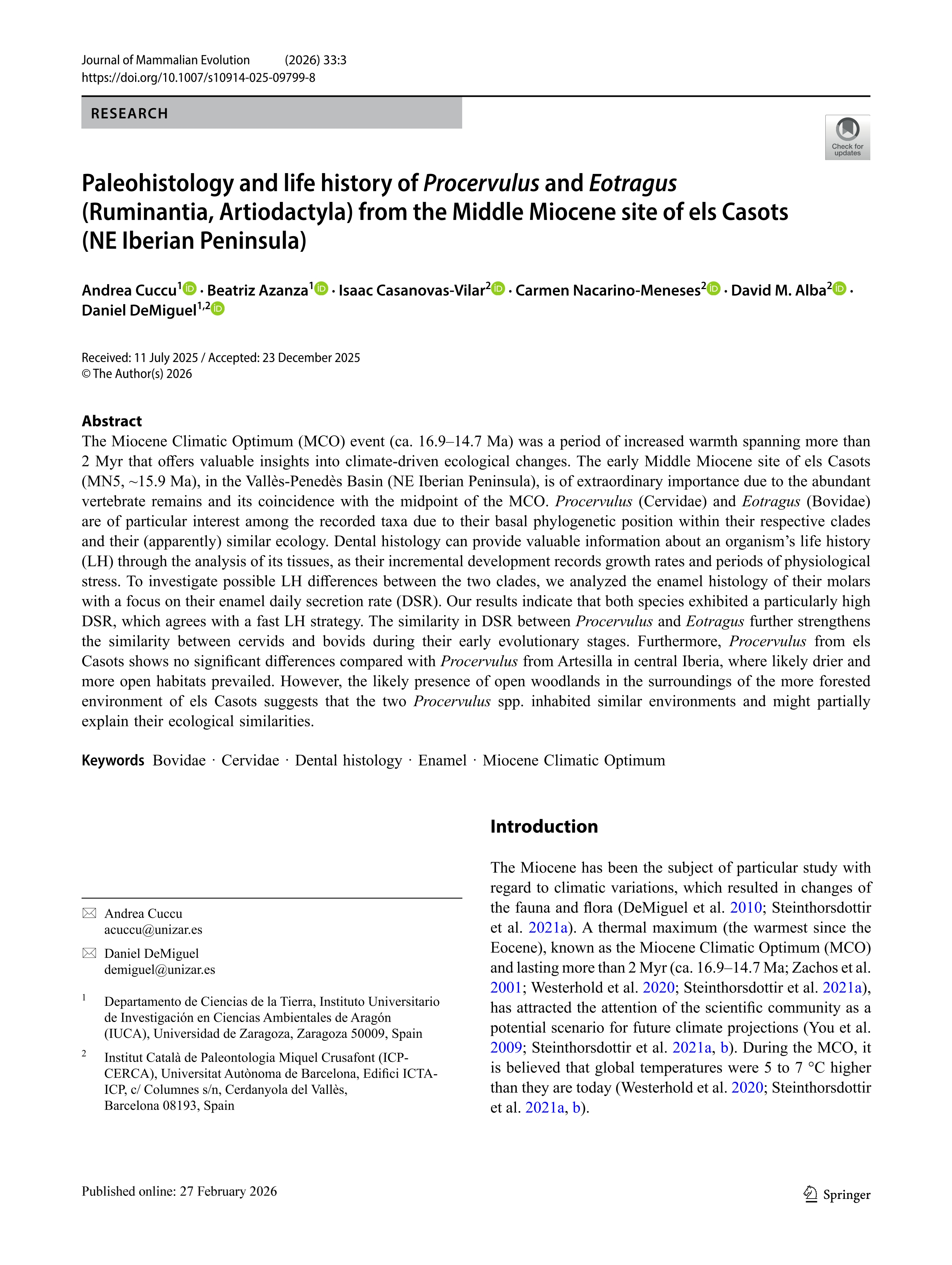 Paleohistology and life history of Procervulus and Eotragus (Ruminantia, Artiodactyla) from the Middle Miocene site of els Casots (NE Iberian Peninsula)
