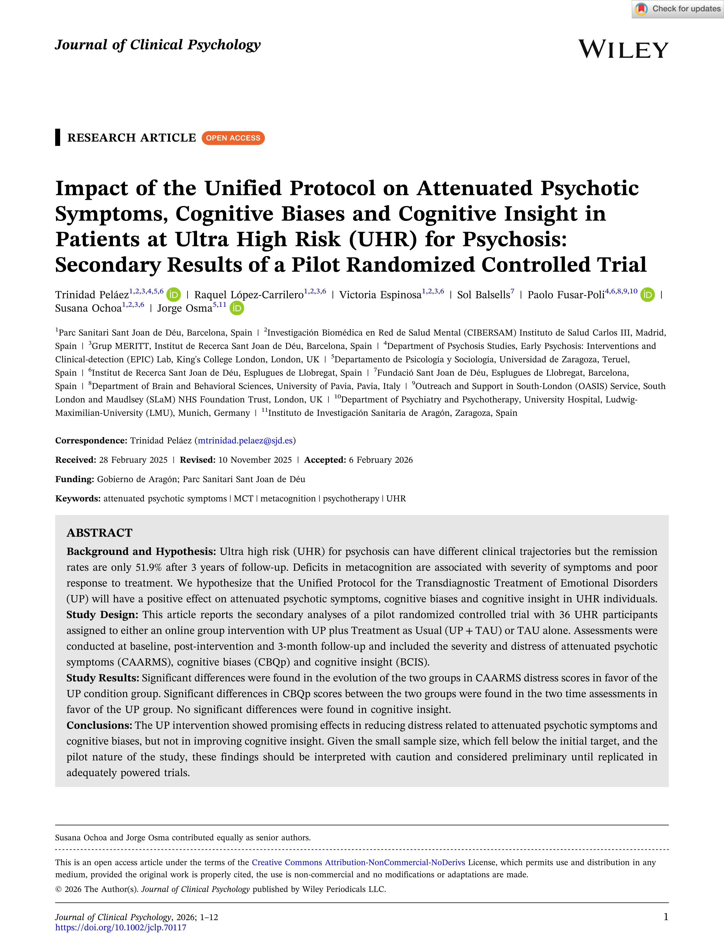 Impact of the Unified Protocol on Attenuated Psychotic Symptoms, Cognitive Biases and Cognitive Insight in Patients at Ultra High Risk (UHR) for Psychosis: Secondary Results of a Pilot Randomized Controlled Trial