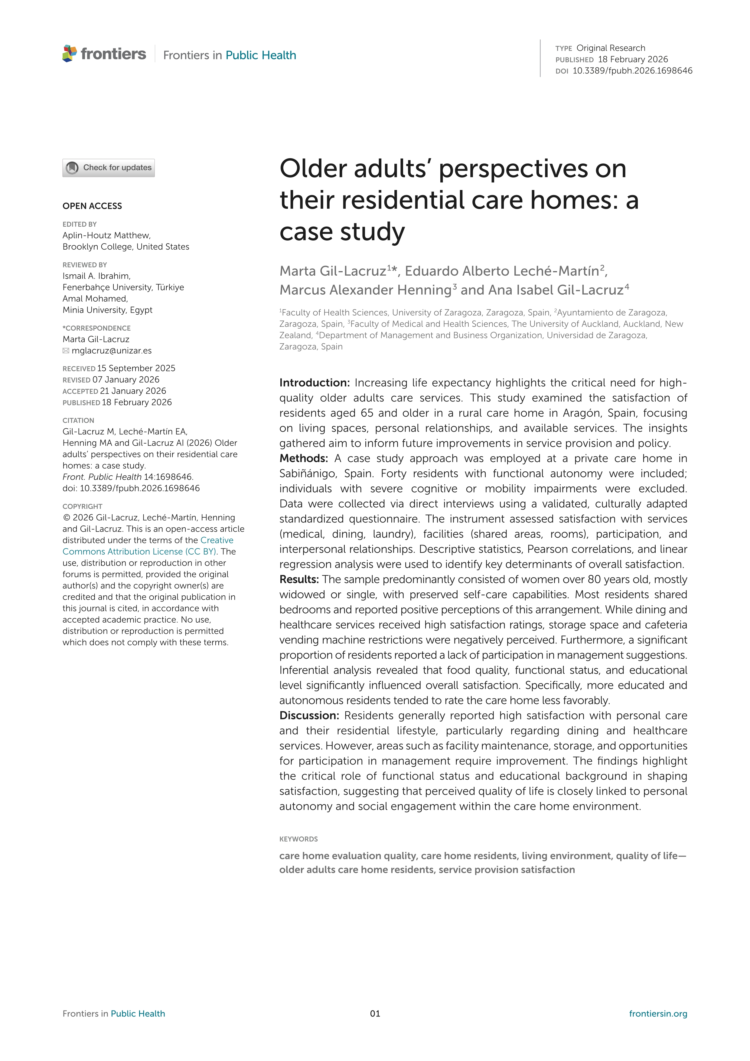 Older adults’ perspectives on their residential care homes: a case study
