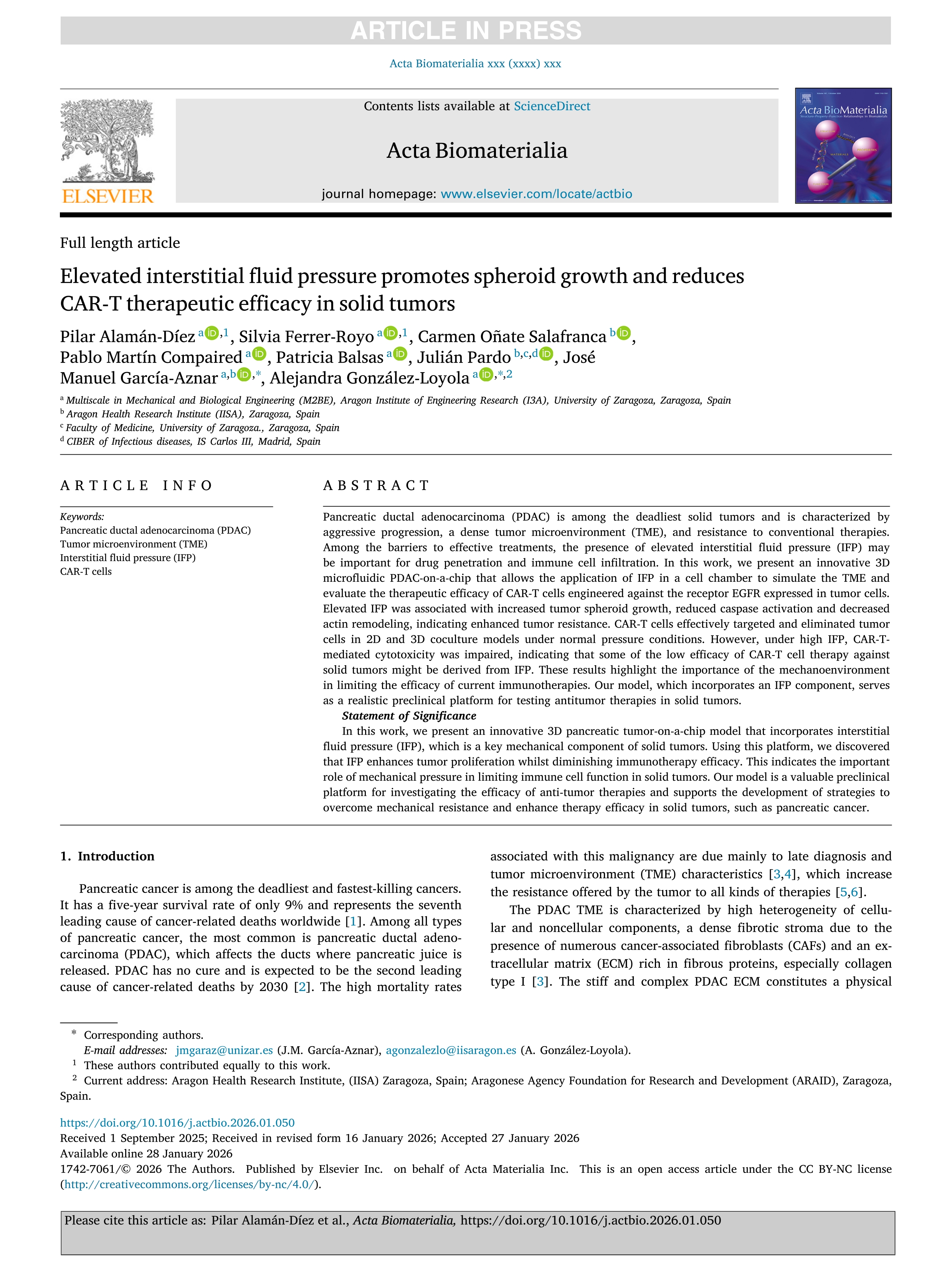 Elevated interstitial fluid pressure promotes spheroid growth and reduces CAR-T therapeutic efficacy in solid tumors