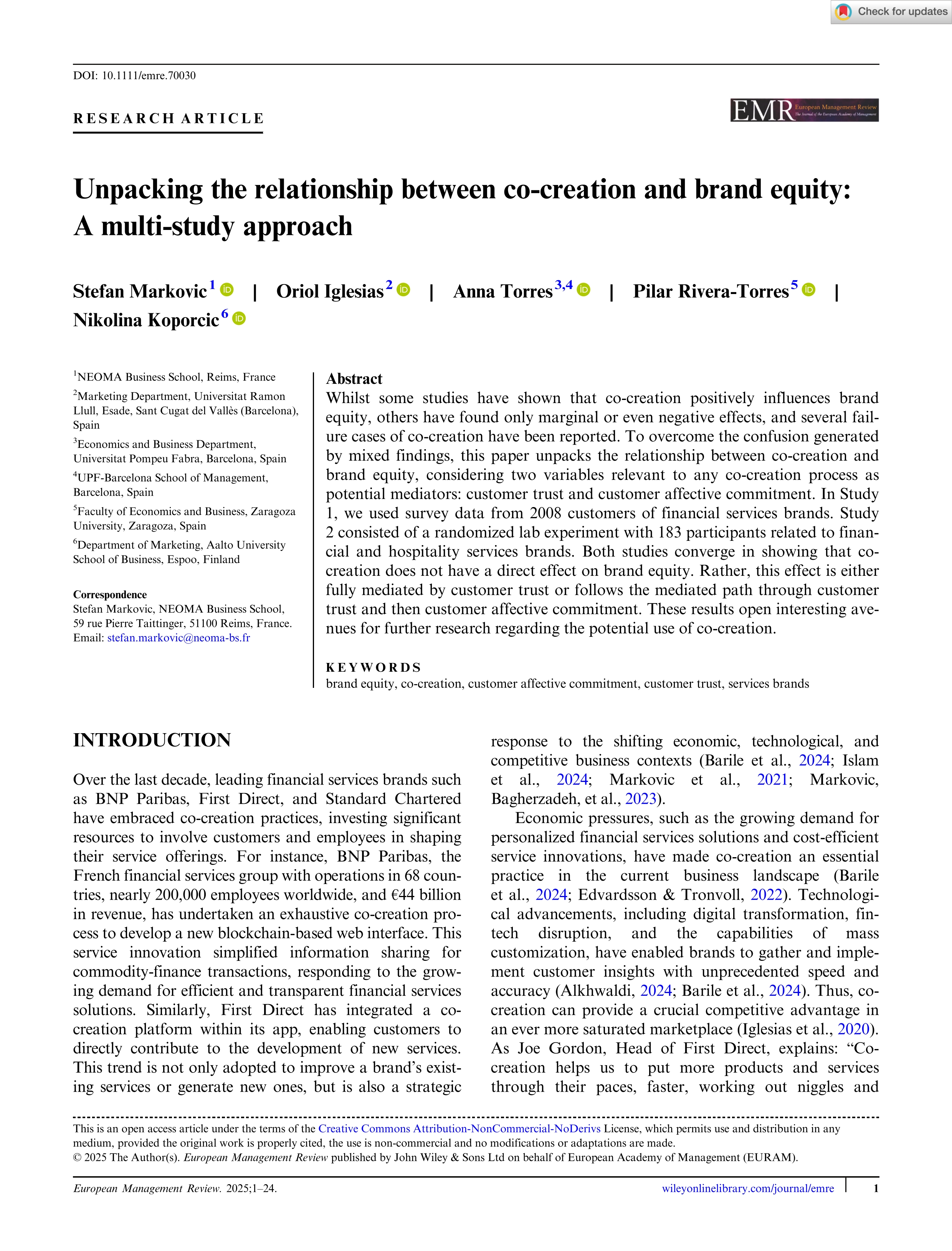 Unpacking the relationship between co‐creation and brand equity: a multi‐study approach