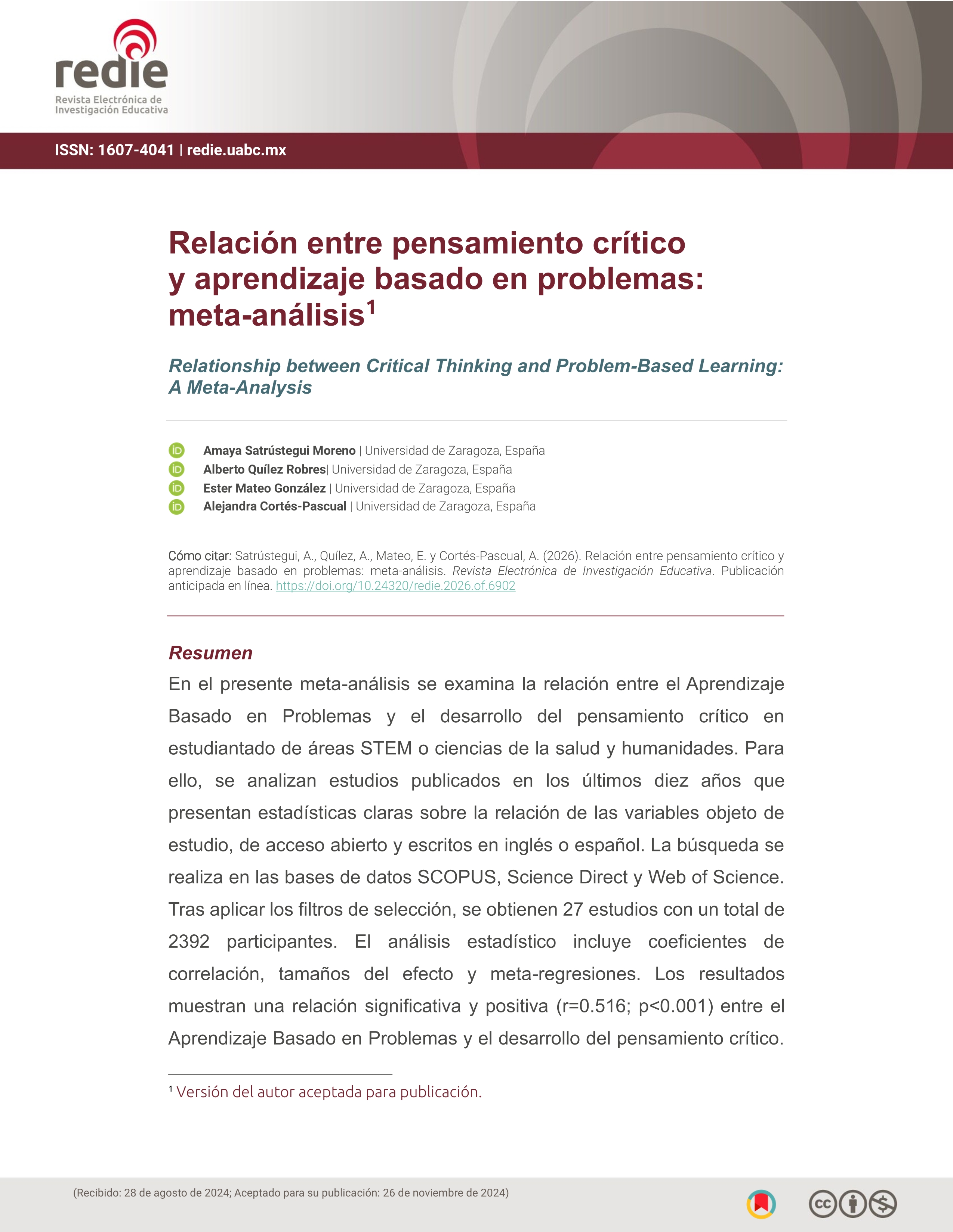 Relación entre pensamiento crítico y aprendizaje basado en problemas: meta-análisis