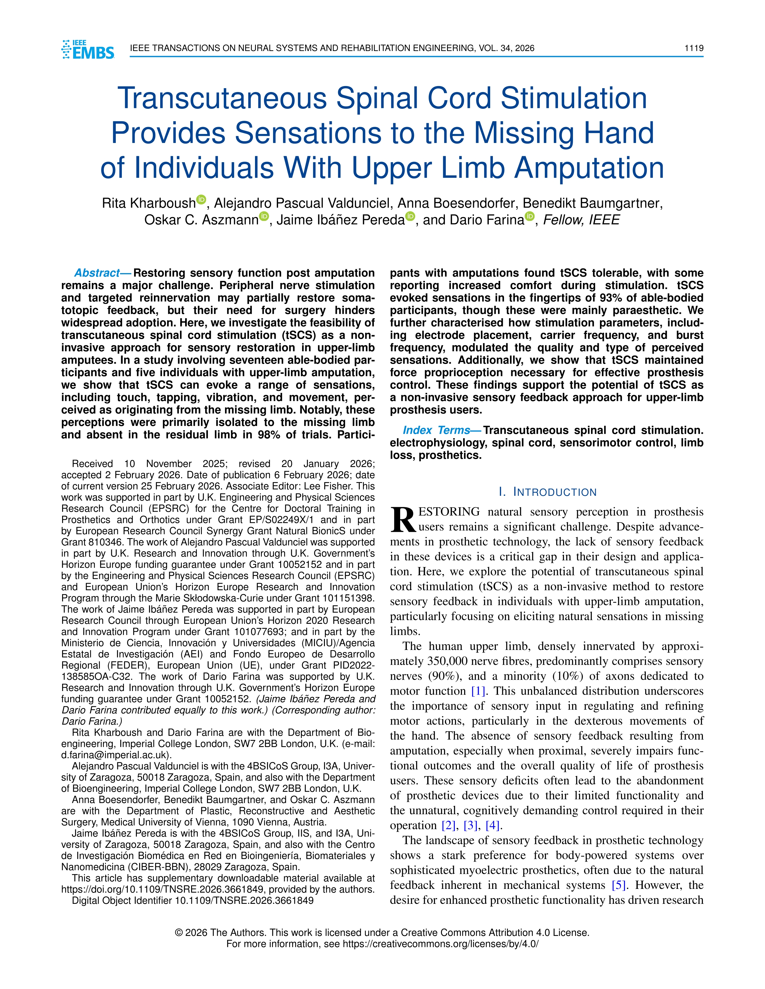 Transcutaneous spinal cord stimulation provides sensations to the missing hand of individuals with upper limb amputation