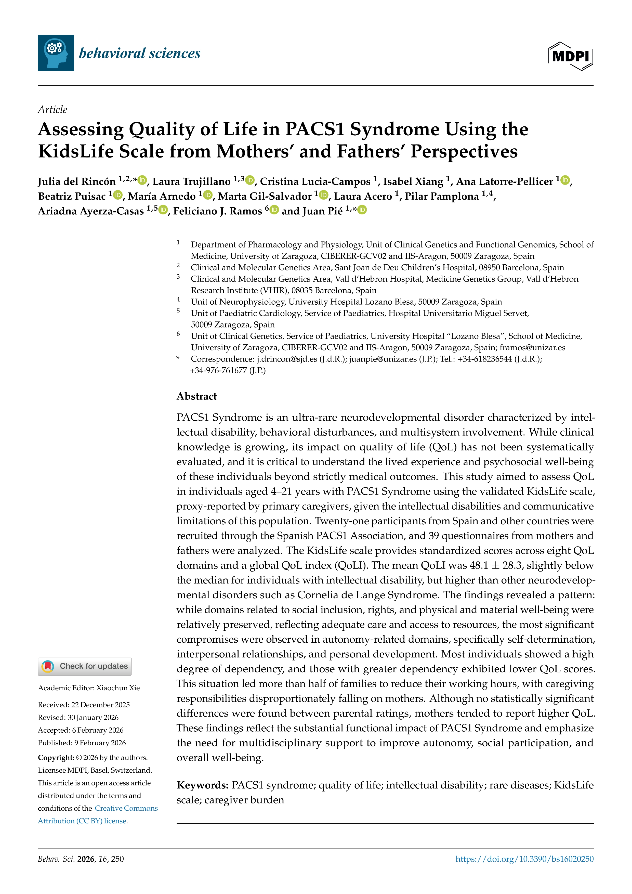 Assessing Quality of Life in PACS1 Syndrome Using the KidsLife Scale from Mothers’ and Fathers’ Perspectives