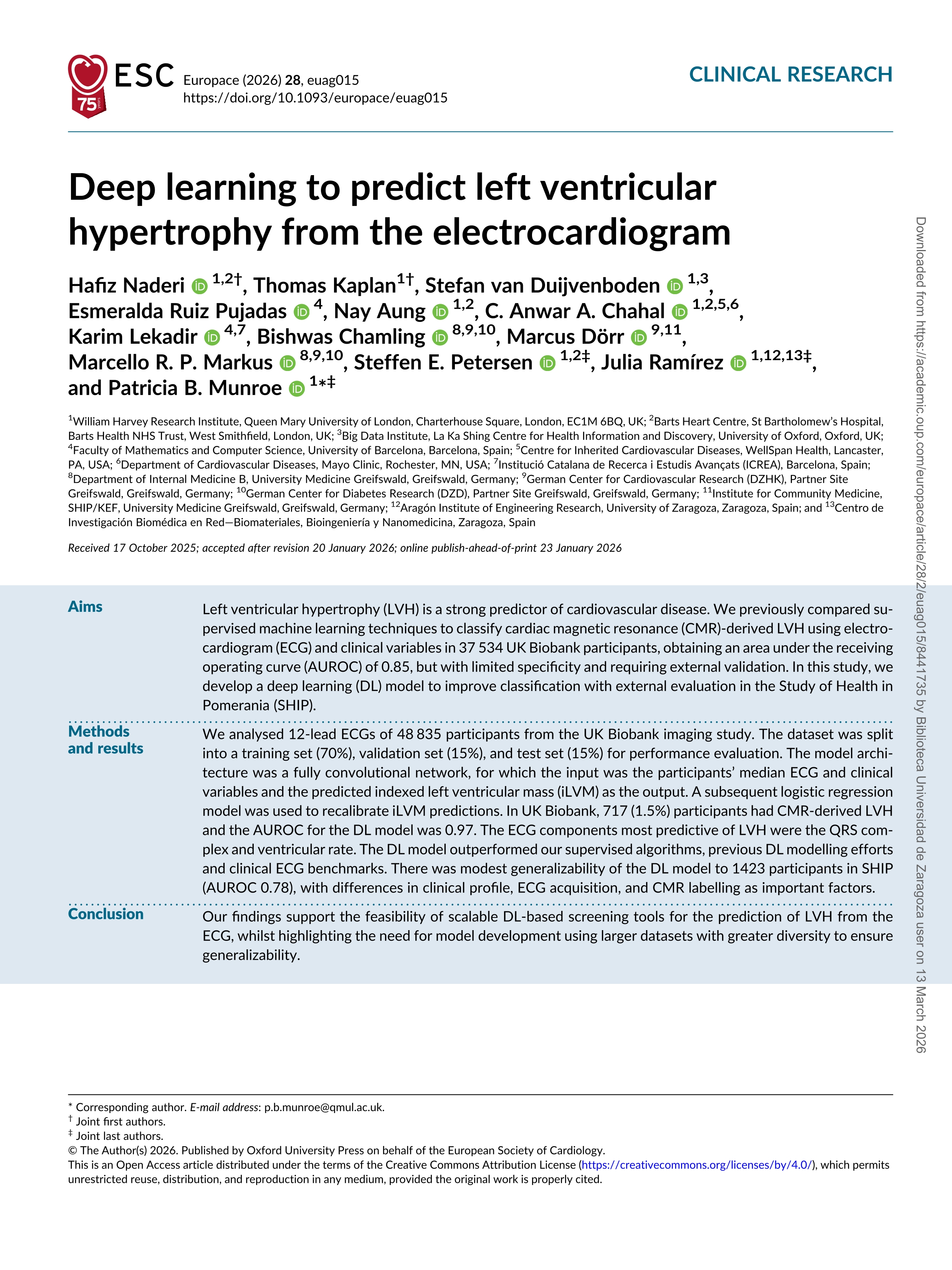 Deep learning to predict left ventricular hypertrophy from the electrocardiogram